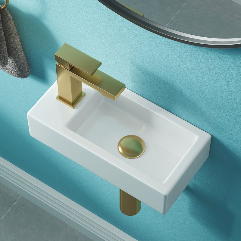 HOROW Umywalka ścienna HOROW, mała umywalka, umywalka do łazienki gościnnej, mini umywalka ceramiczna 37 x 18.5 x 9 cm