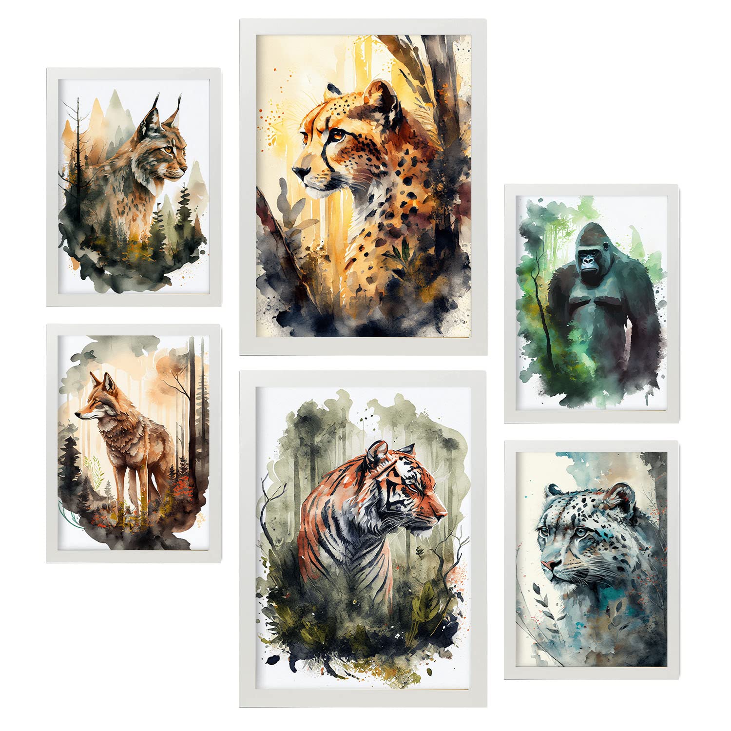 Nacnic posters de felinos coloridas ilustraciones de animales en paisajes naturales estilo acuarela diseño moderno para la a4 & a3 marcos blancos