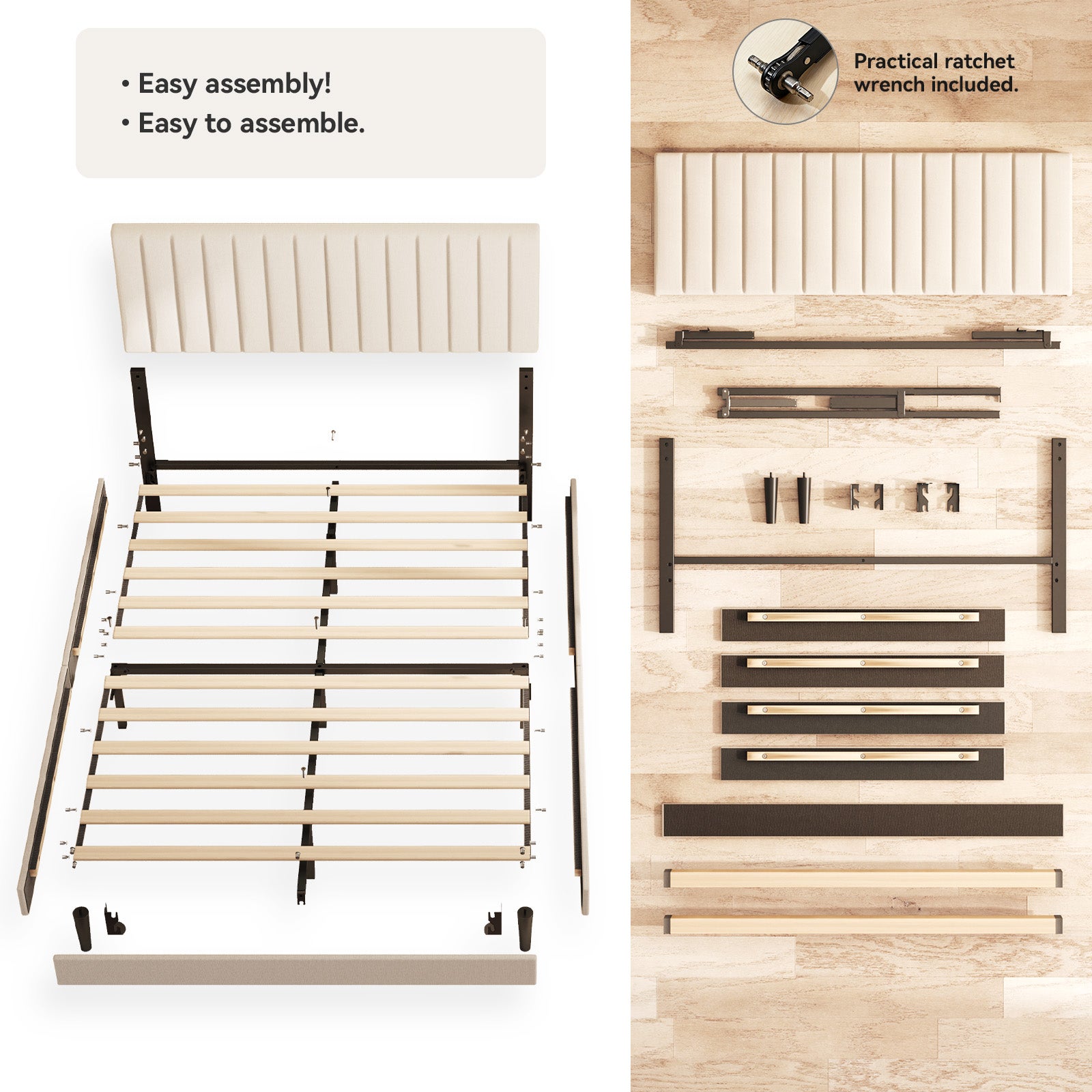 Estructura de cama 140x190 cm,480 kg, espacio 22 cm, Cama doble, para dormitorio, ahorro de espacio, silencioso y estable, tapizada - 3