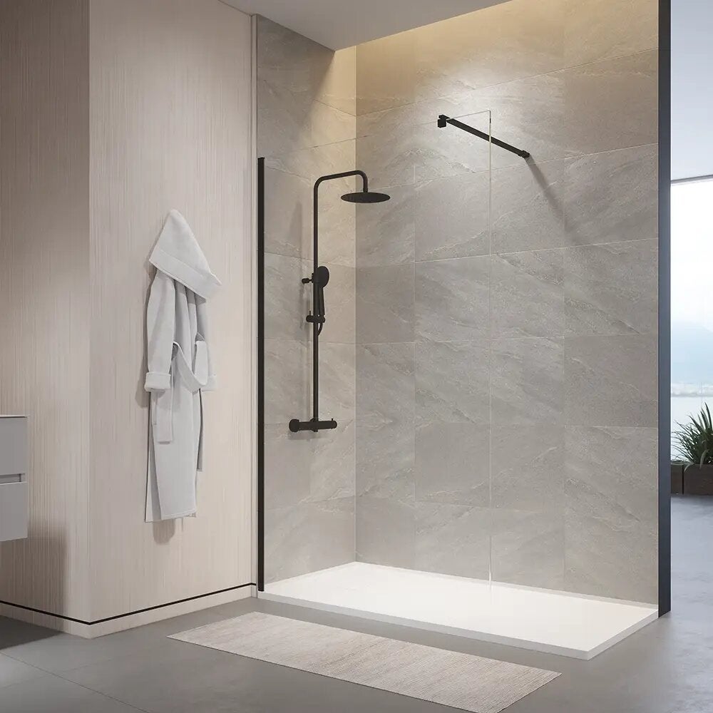 Ducha walk-in de 140 cm con cristal templado antical de 10 mm transparente y perfiles negros | naxos