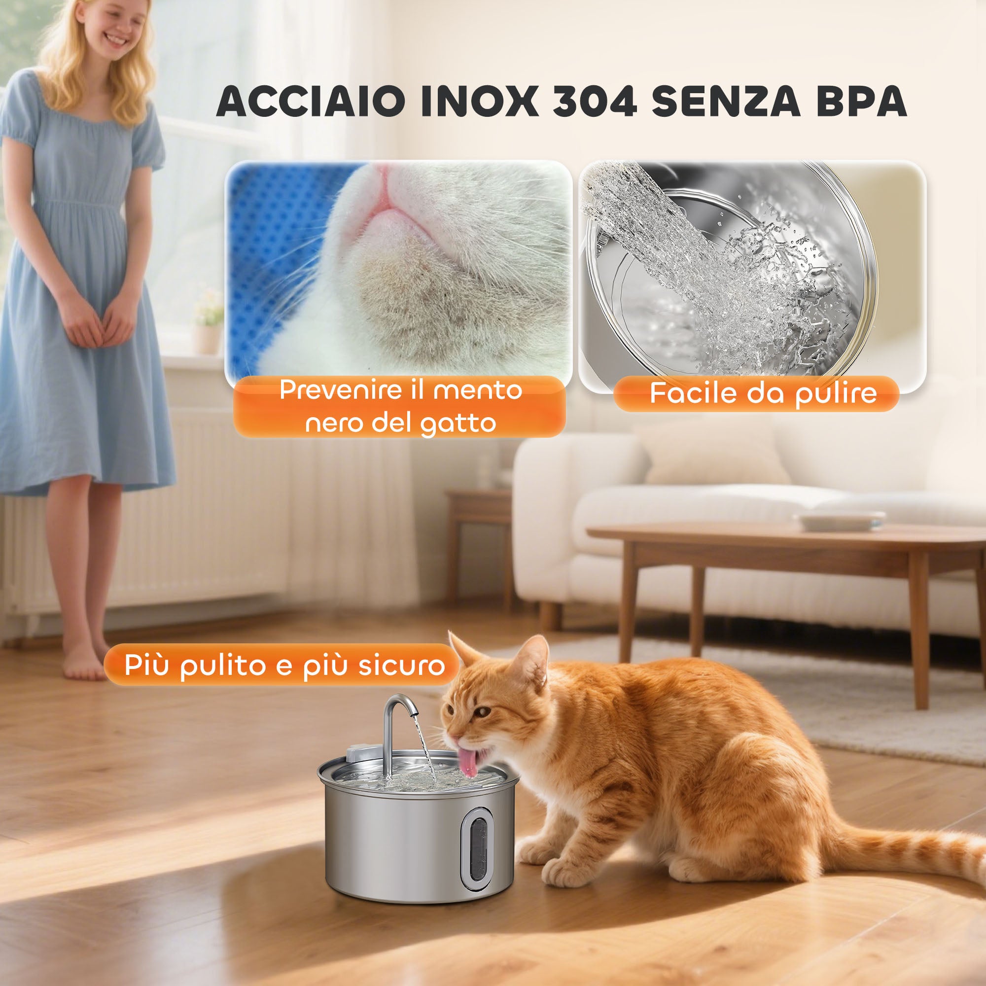 Fontaine à eau pour chat avec lumière LED, brosse et 2 jets d'eau, en acier inoxydable 304, 19,4 x 19,4 x 18,7 cm, argent - 6