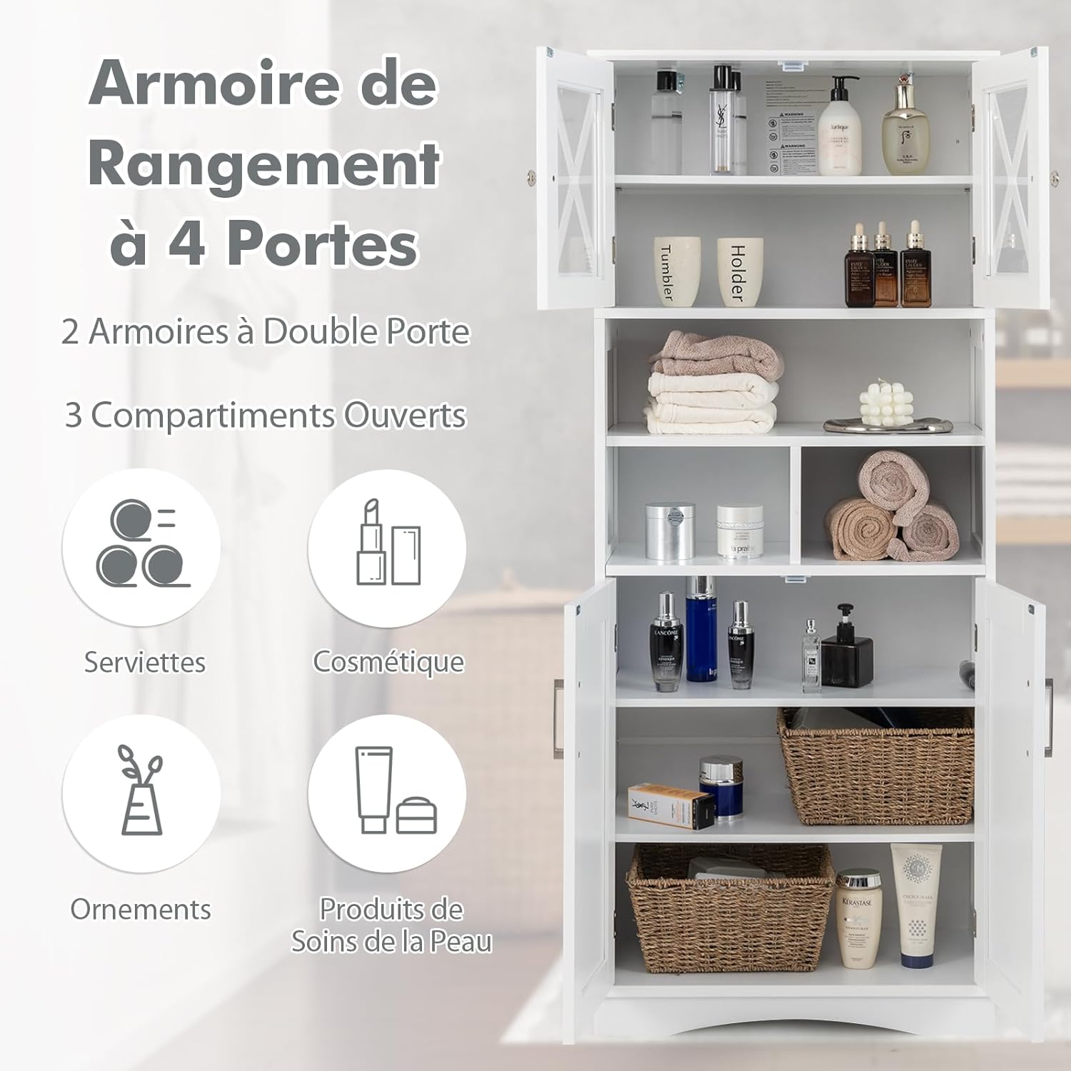 Armario de Baño de 145 cm de Altura, Armario Independiente con Puertas Acrílicas y Estantes Ajustables, 3 Compartimentos Abiertos, Organizador de - 4