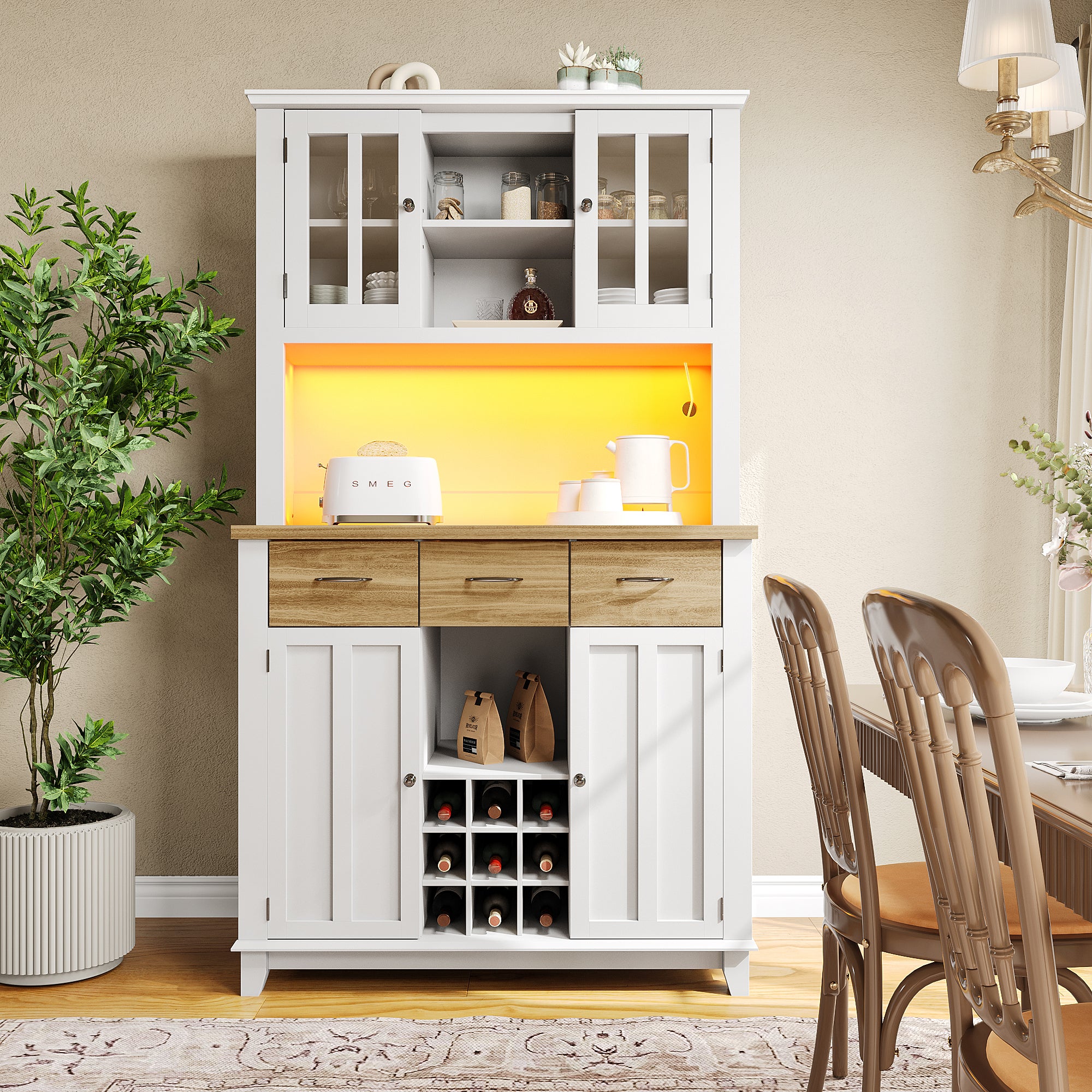 Kredens kuchenny z 4 drzwiami i 3 szufladami - 106 x 40 x 179,5 cm - Płyta MDF - Diody LED - Regulowane półki - Biały - 3