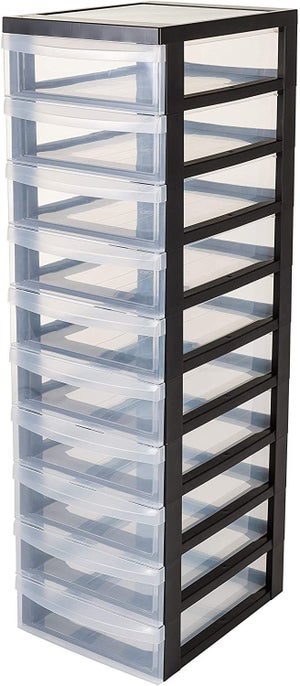 HOMZ Cassettiera A Torre 4 Cassetti In Plastica Trasparente Con Ruote: Organizer Per Bagno, Camera Da Letto, Ufficio, Scuola - Struttura Nera