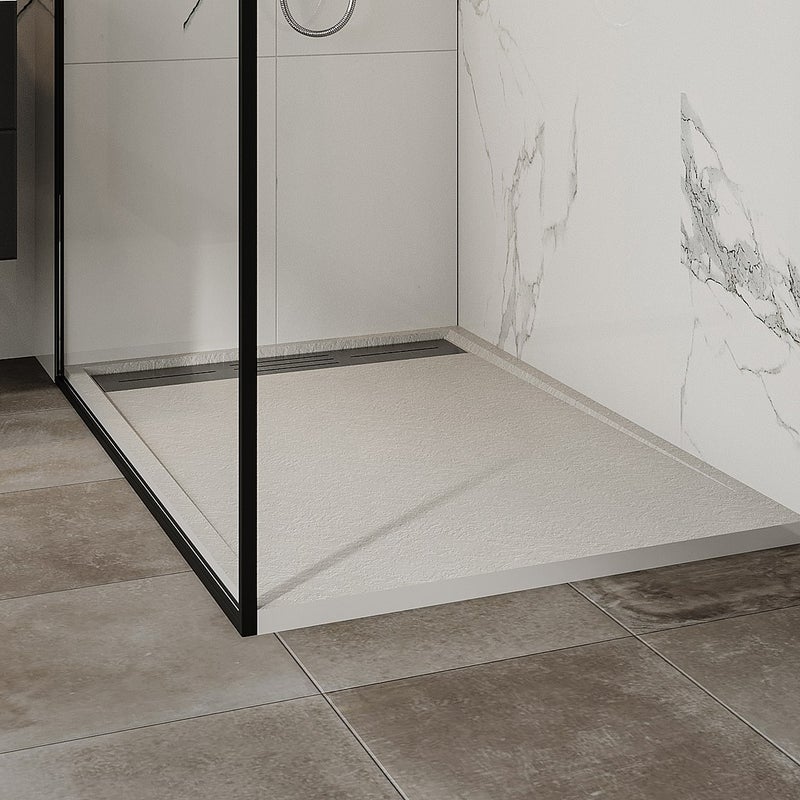 Brodzik posadzkowy lub wpuszczany w posadzkę z żywicy z syfonem - Biały - 120 x 80 cm - LYROSA