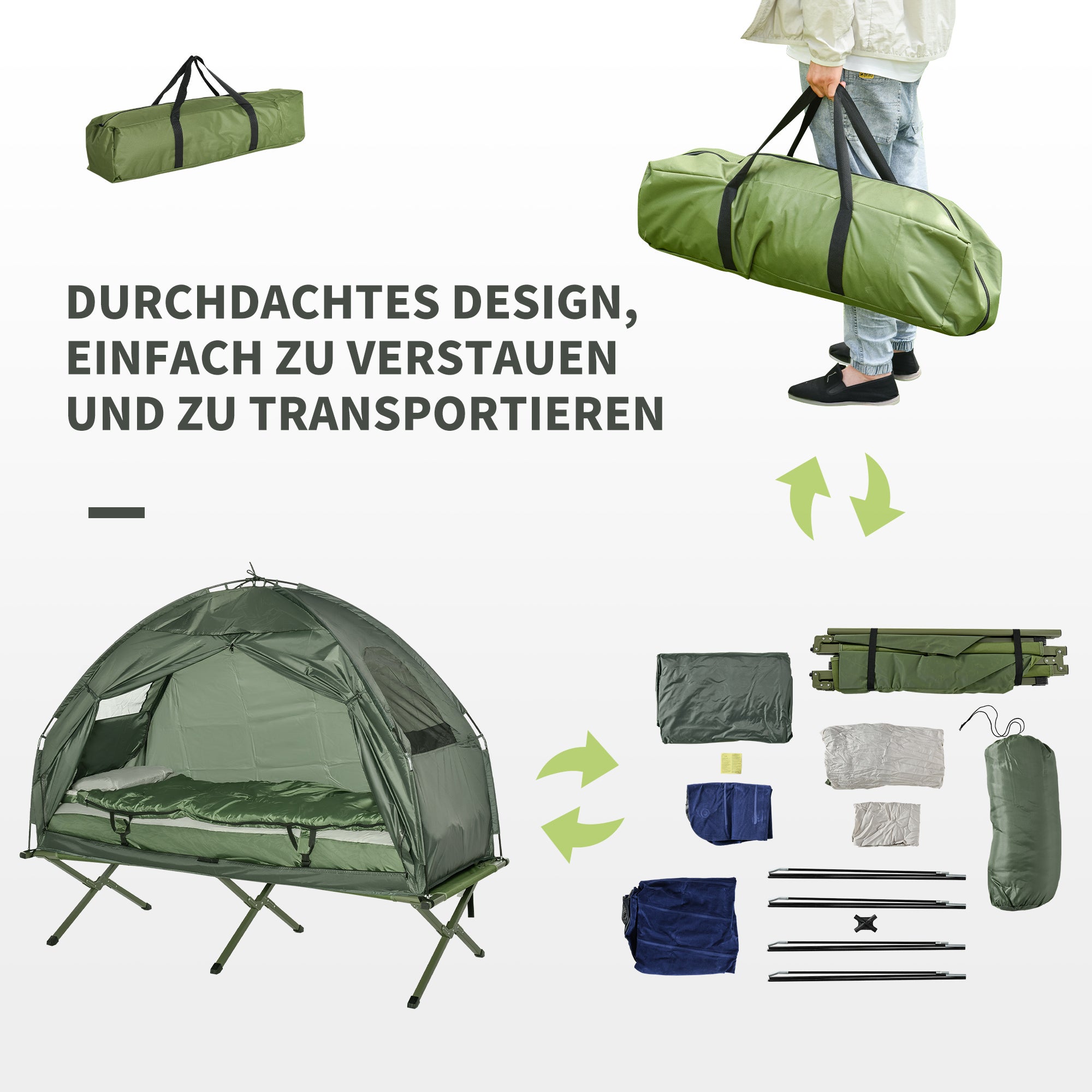 Ensemble tente de camping avec lit de camp, et matelas, vert foncé - 7