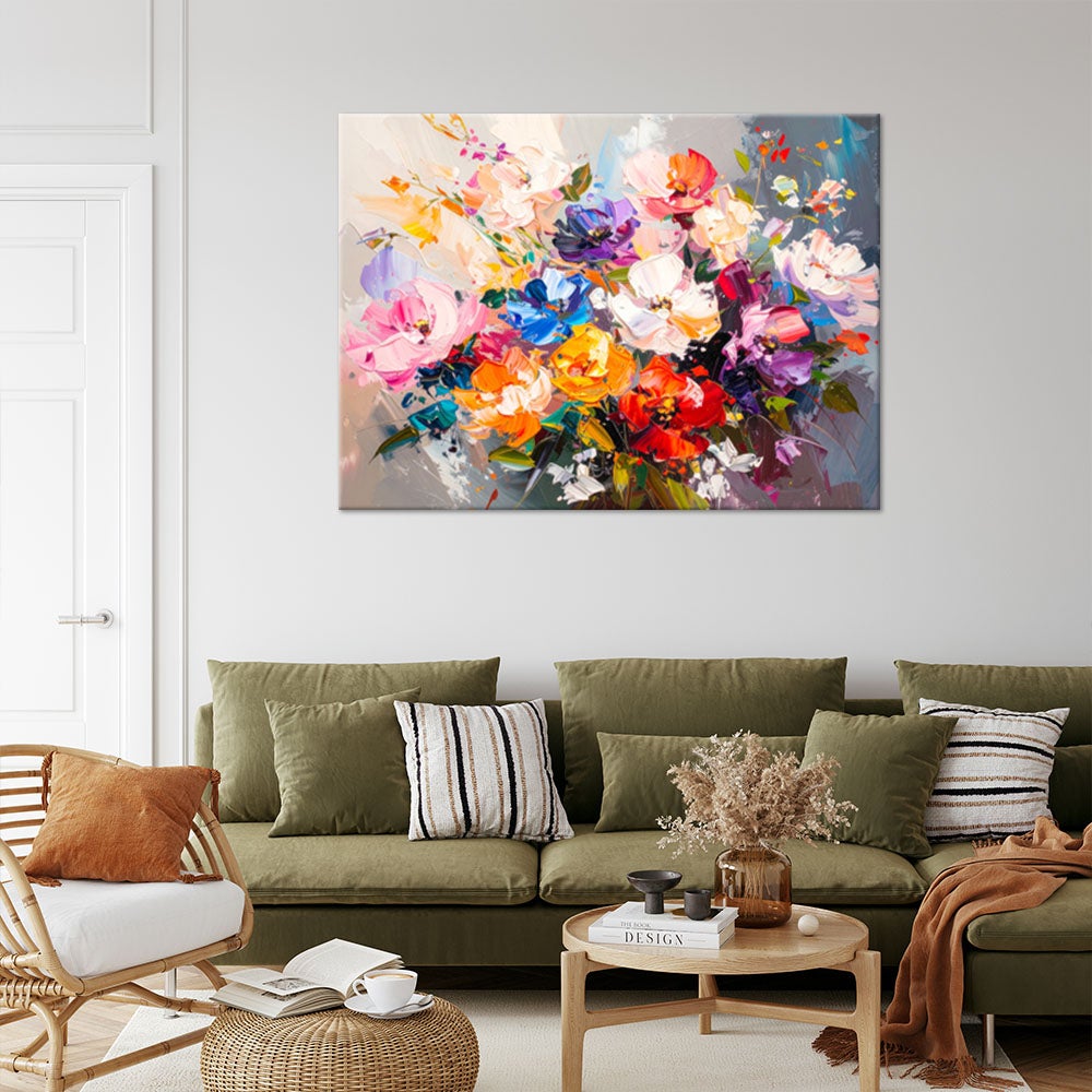 Quadro Astratto TAR TAR Studio Con Bouquet Di Fiori Colorati | Dipinto A Mano Per Soggiorno E Ufficio | 76x76 Cm (più Misure)
