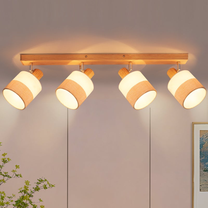 Nettlife Reflektorowa sufitowy 4-punktowy E14, drewniany, z kloszem z tkaniny, regulowany 350°, Lampa vintage retro