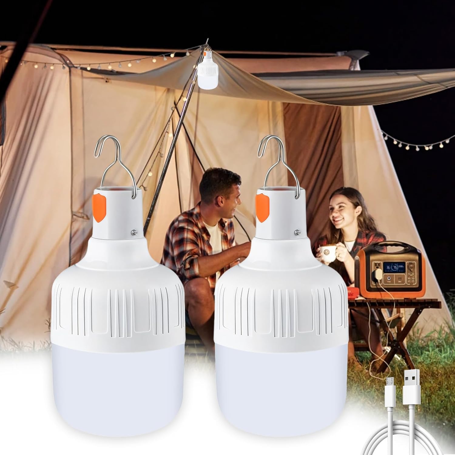 Lampa kempingowa LED, lampa kempingowa z akumulatorem USB, jasna, do wędkowania, wędrówek, przenośna, zewnętrzna, zaciemniająca (2 sztuki)