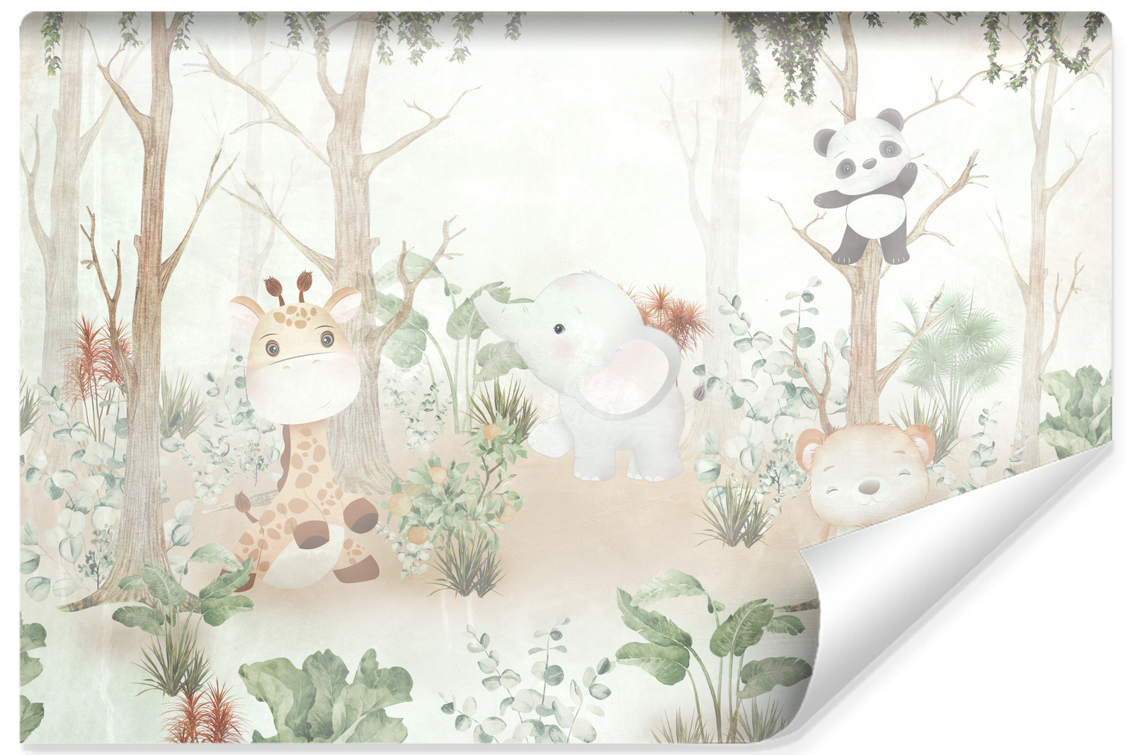 Papel pintado fotográfico no tejido para habitación infantil animales acuarela plantas 450cm x 300cm