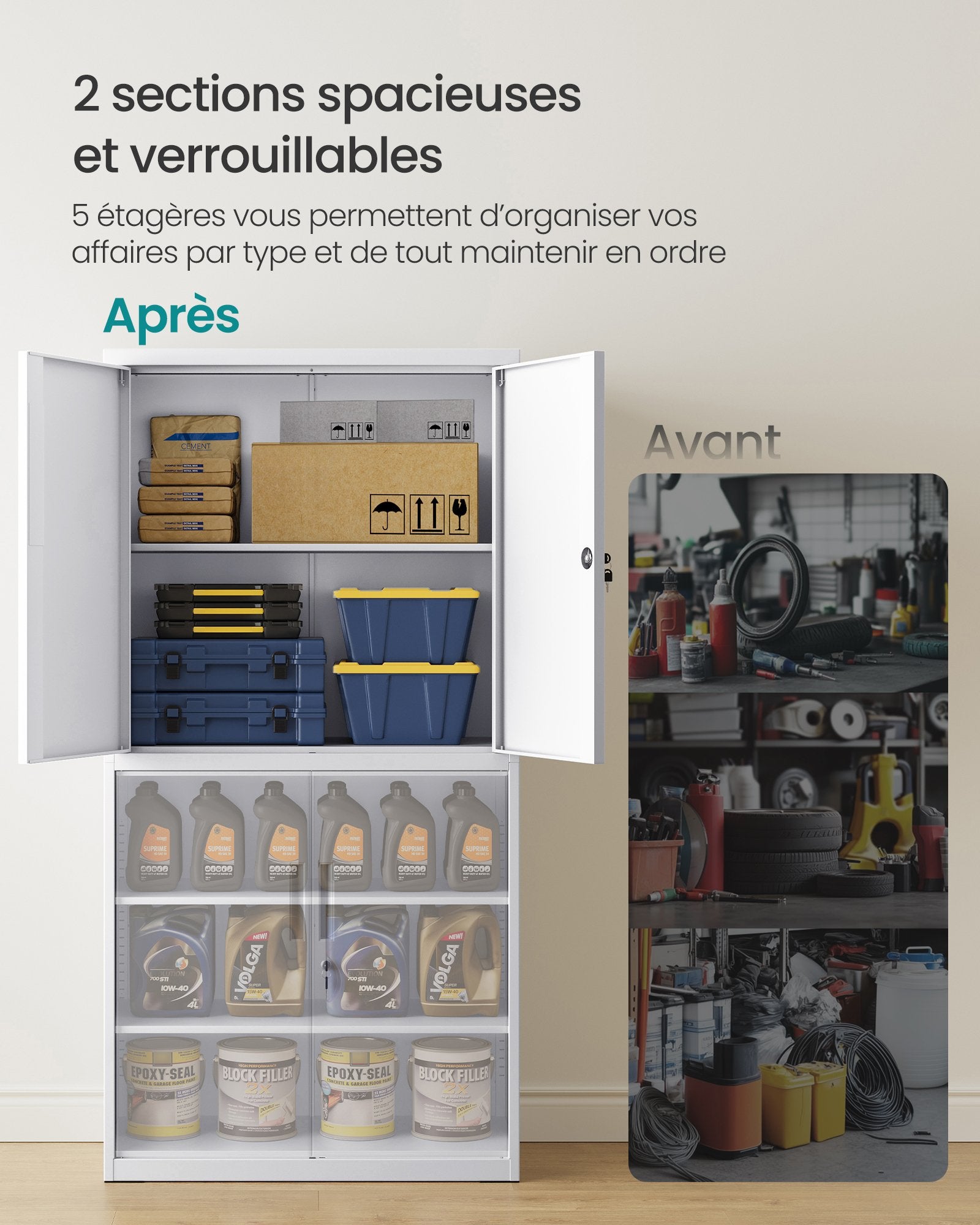 Armoire de Garage à 5 Étagères avec 4 Portes, Armoire de Bureau, 40 x 80 x 180 cm, 2 Serrures, Étagères Réglables, en Métal, Blanc Mat - 3