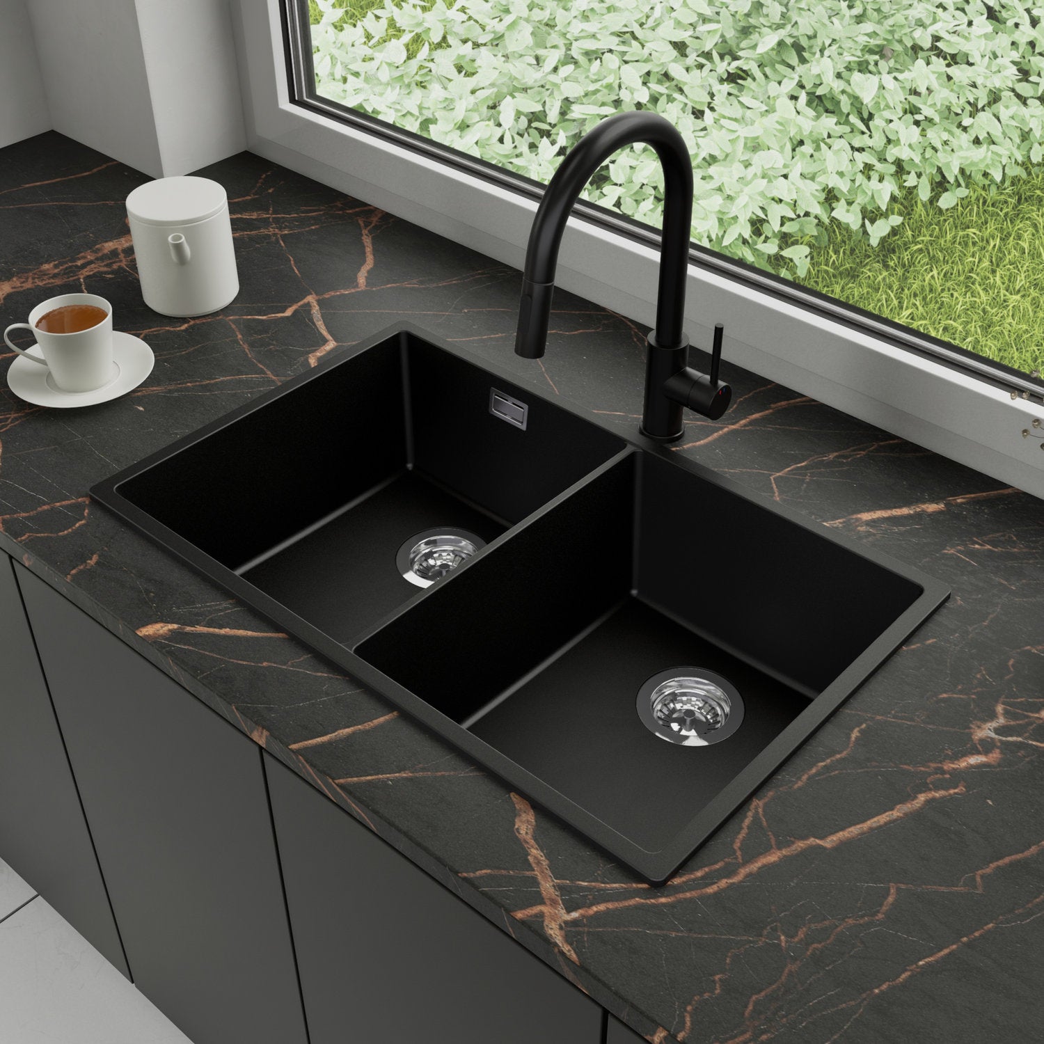 Zlewozmywak Granitowy 76x47cm, do szafki od 80cm + Bateria + Syfon - Agate Czarny STONESTYLE