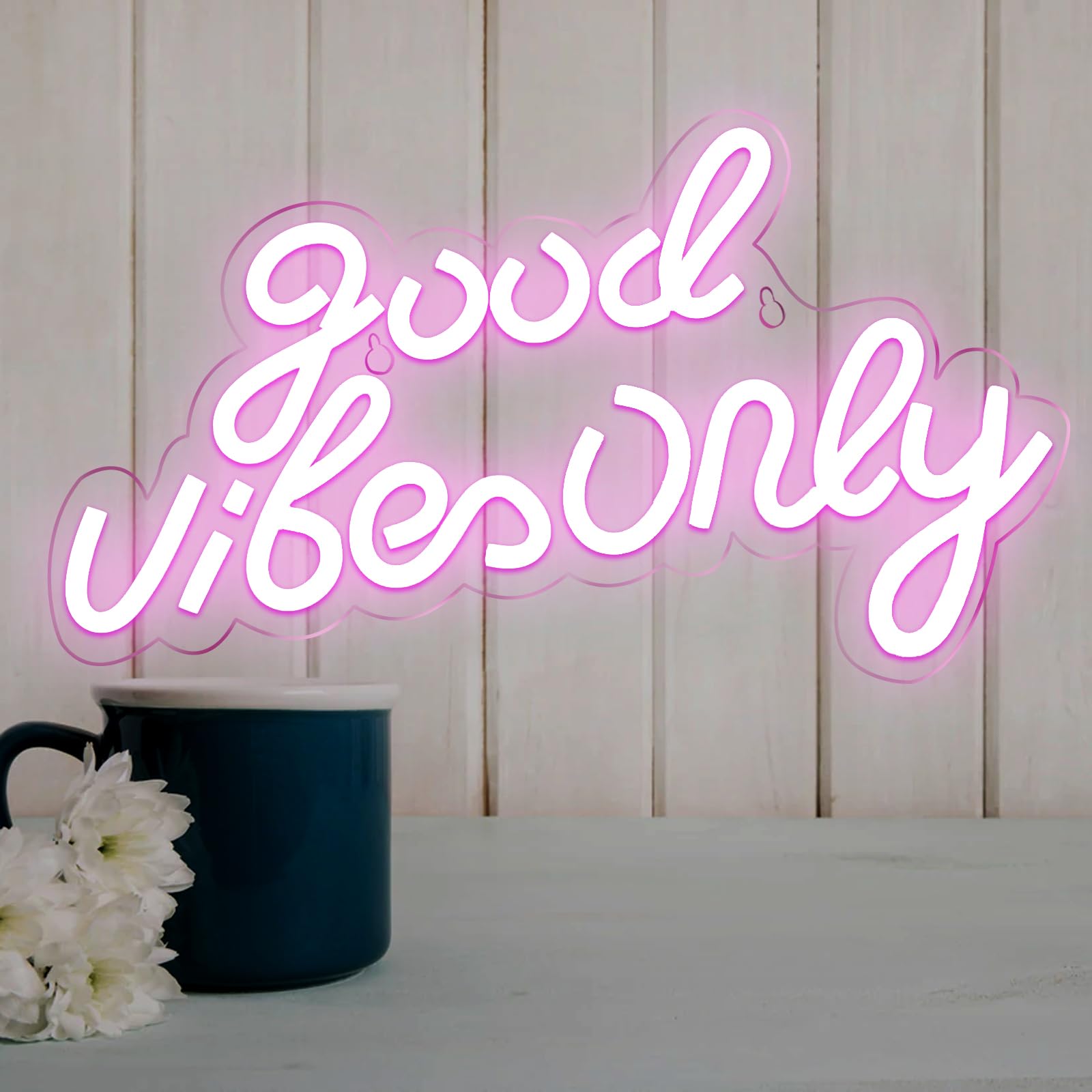 Enseigne Néon LED Good Vibes - Rose, USB, 40x22 Cm - Décoration Chambre, Bar, Fête, Cadeau Original