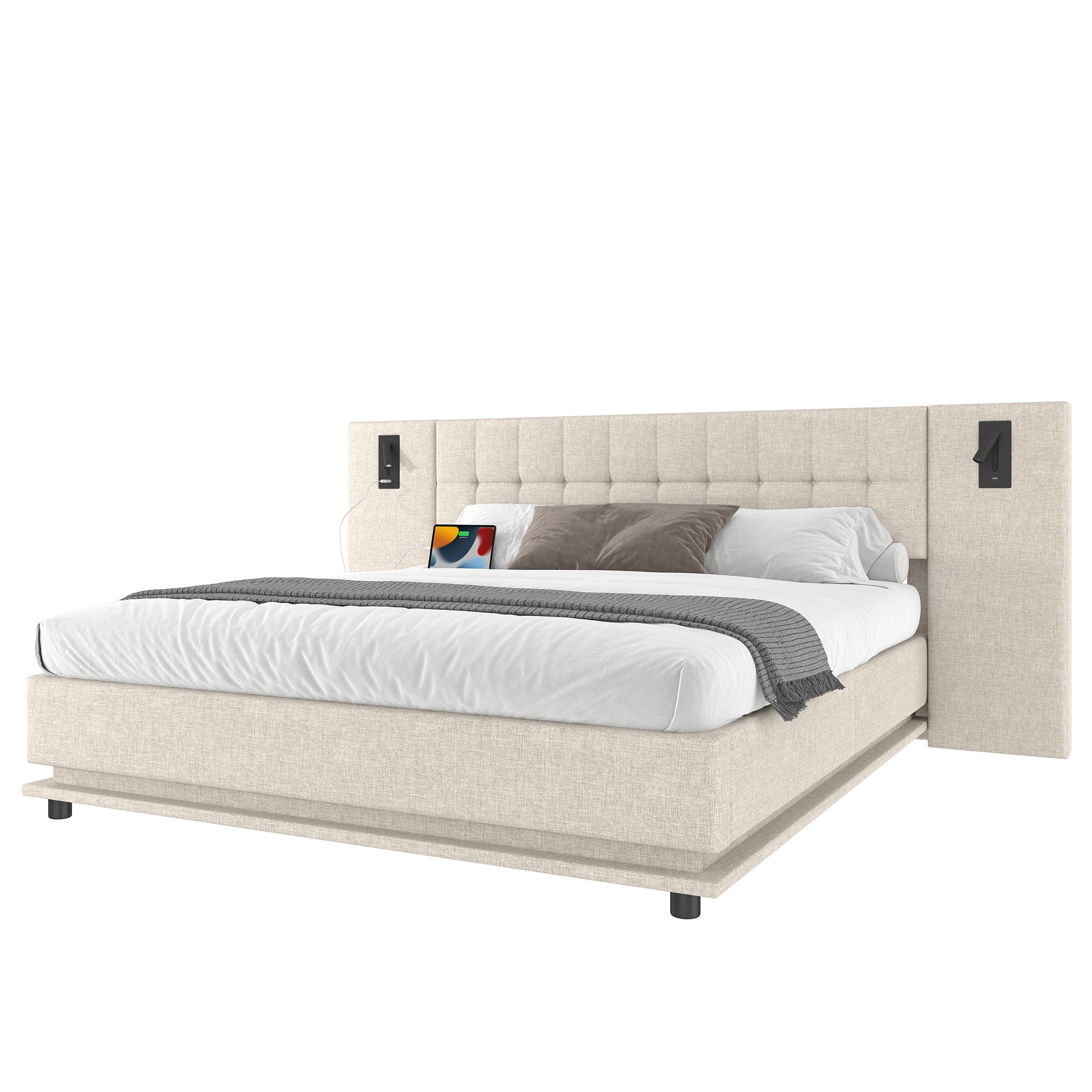 Cama estofada 180 x 200 cm com cabeceira grande - LEDs, tomadas USB e 2 candeeiros de cabeceira - Tecido de linho - Bege (sem colchão) - 7