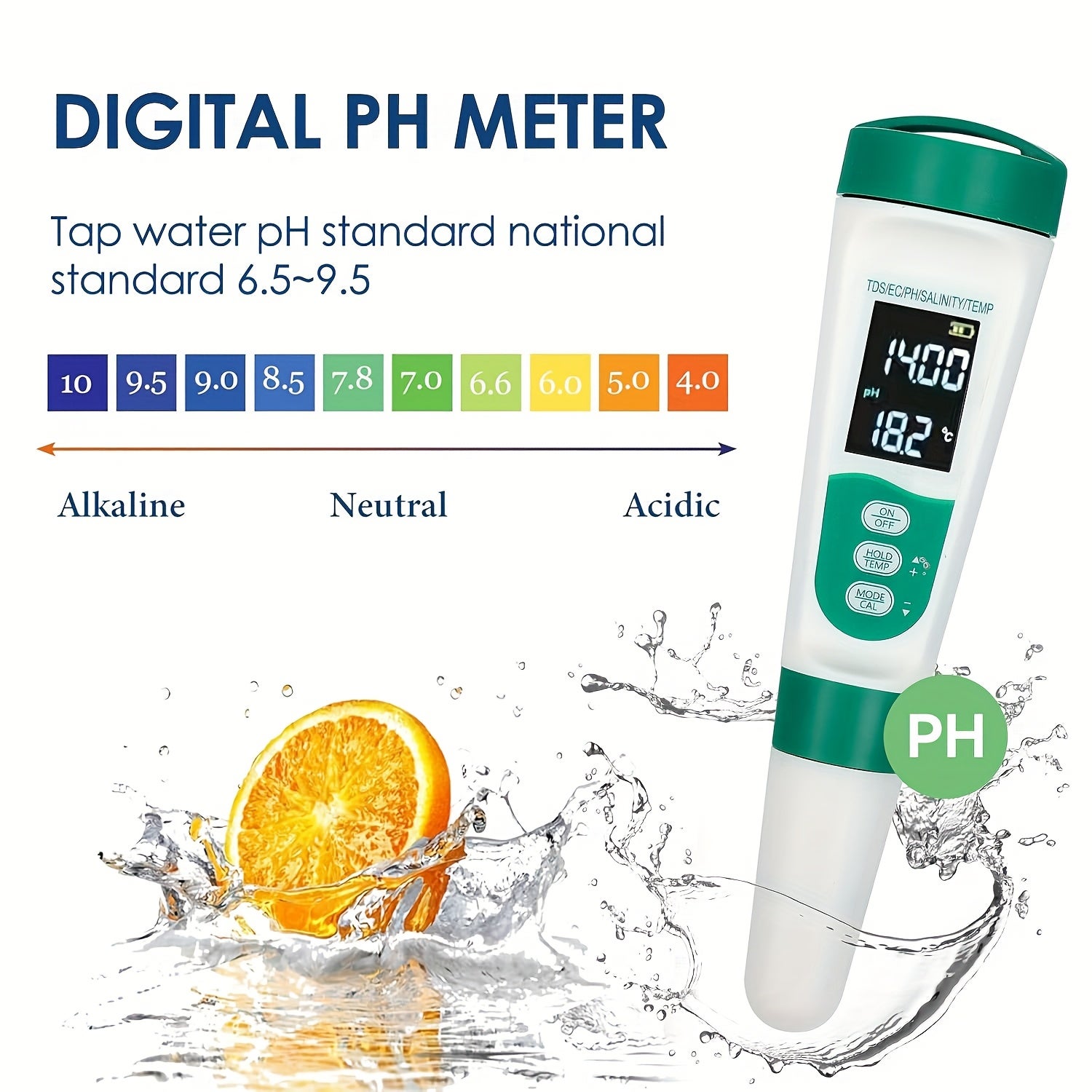 Testeur de sel, pH-mètre, testeur d'eau numérique 5 en 1 pour la salinité, la température, la conductivité et le TDS pour piscine, spa et aquarium. - 8