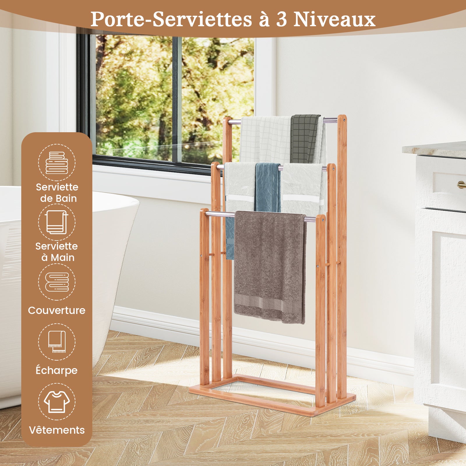 Portasciugamani in Bambù da Terra 46x24x84cm, Mobile Bagno con 3 Aste per Asciugamano in Acciaio Inox, Colore Naturale - 6