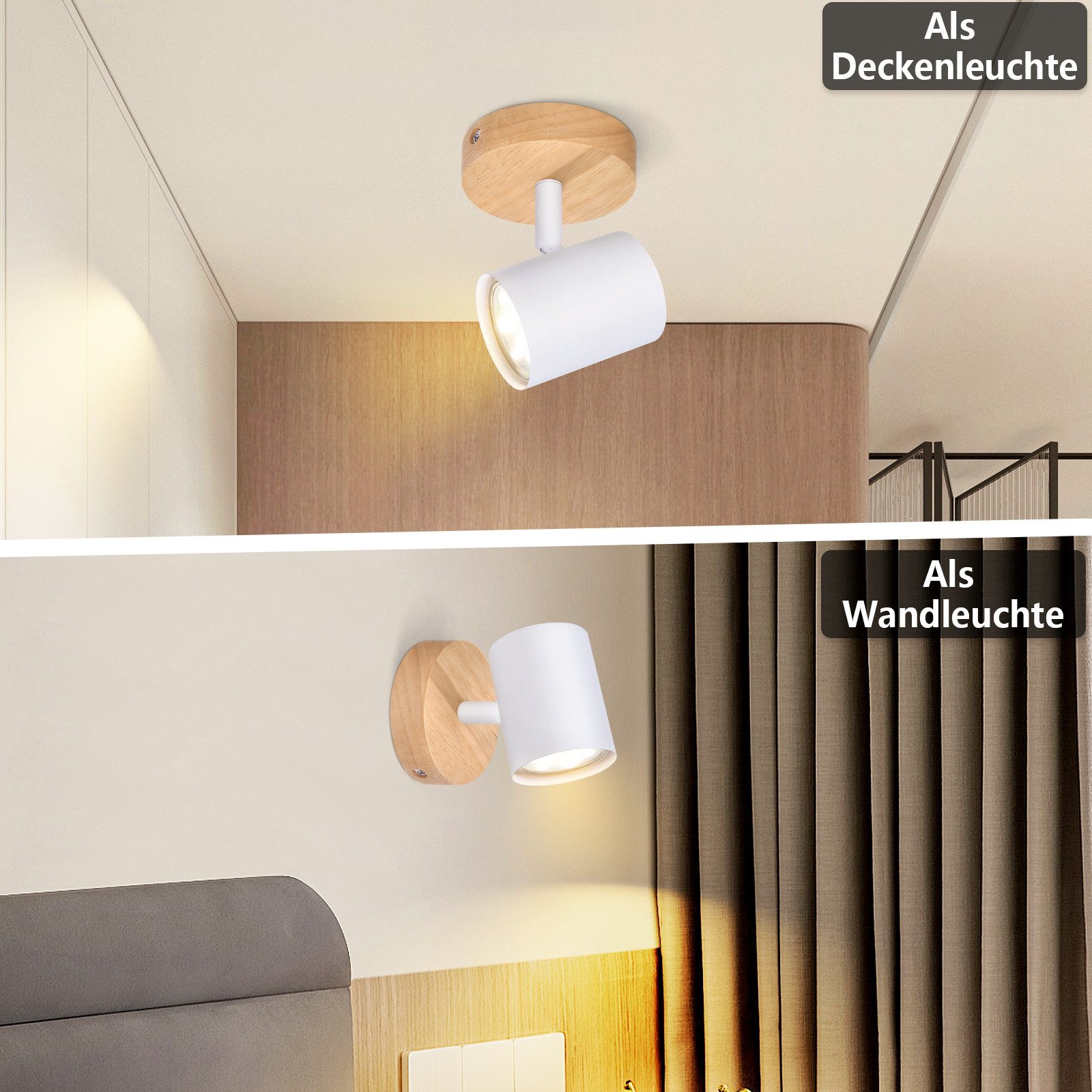 NETTLIFE Plafonnier LED 1 flamme - Blanc Plafonnier GU10 Spot pivotant Applique murale en bois Spot mural pour salon chambre Sans ampoule - 6