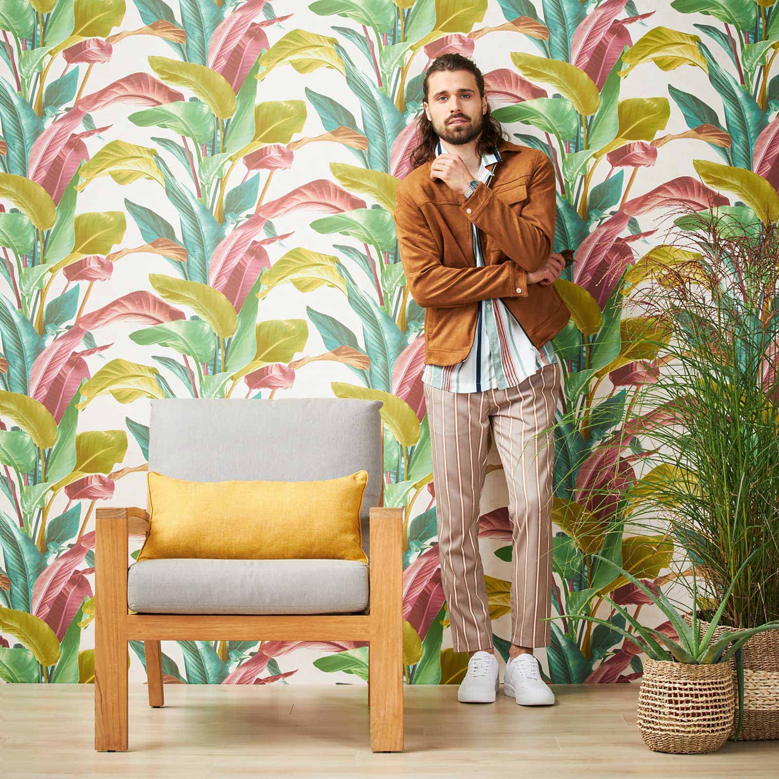 Tapeta tropikalne liście zielonym,starego różuIpetrol blue - 53 cm x 10.05 m - LIVINGWALLS - 5