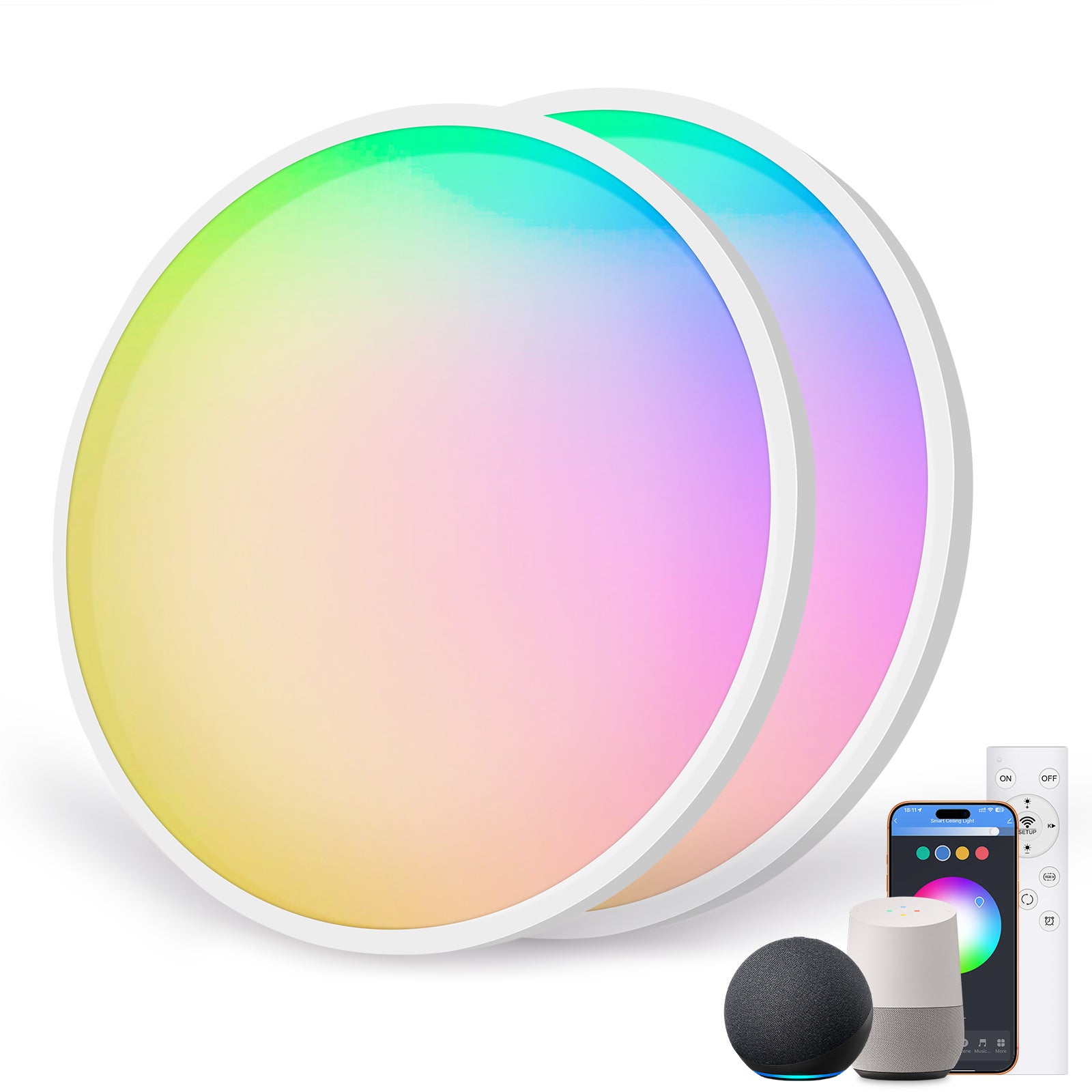 LOVHAUS zestaw 2 ściemnialnych lamp sufitowych LED 2700K~6500K+RGB z pilotem, inteligentna lampa sufitowa kompatybilna z Alexą 22W Ø30 cm, IP54, Biały