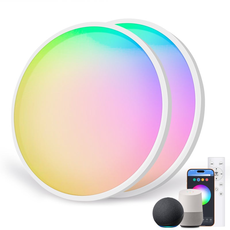 LOVHAUS zestaw 2 ściemnialnych lamp sufitowych LED 2700K~6500K+RGB z pilotem, inteligentna lampa sufitowa kompatybilna z Alexą 22W Ø30 cm, IP54, Biały