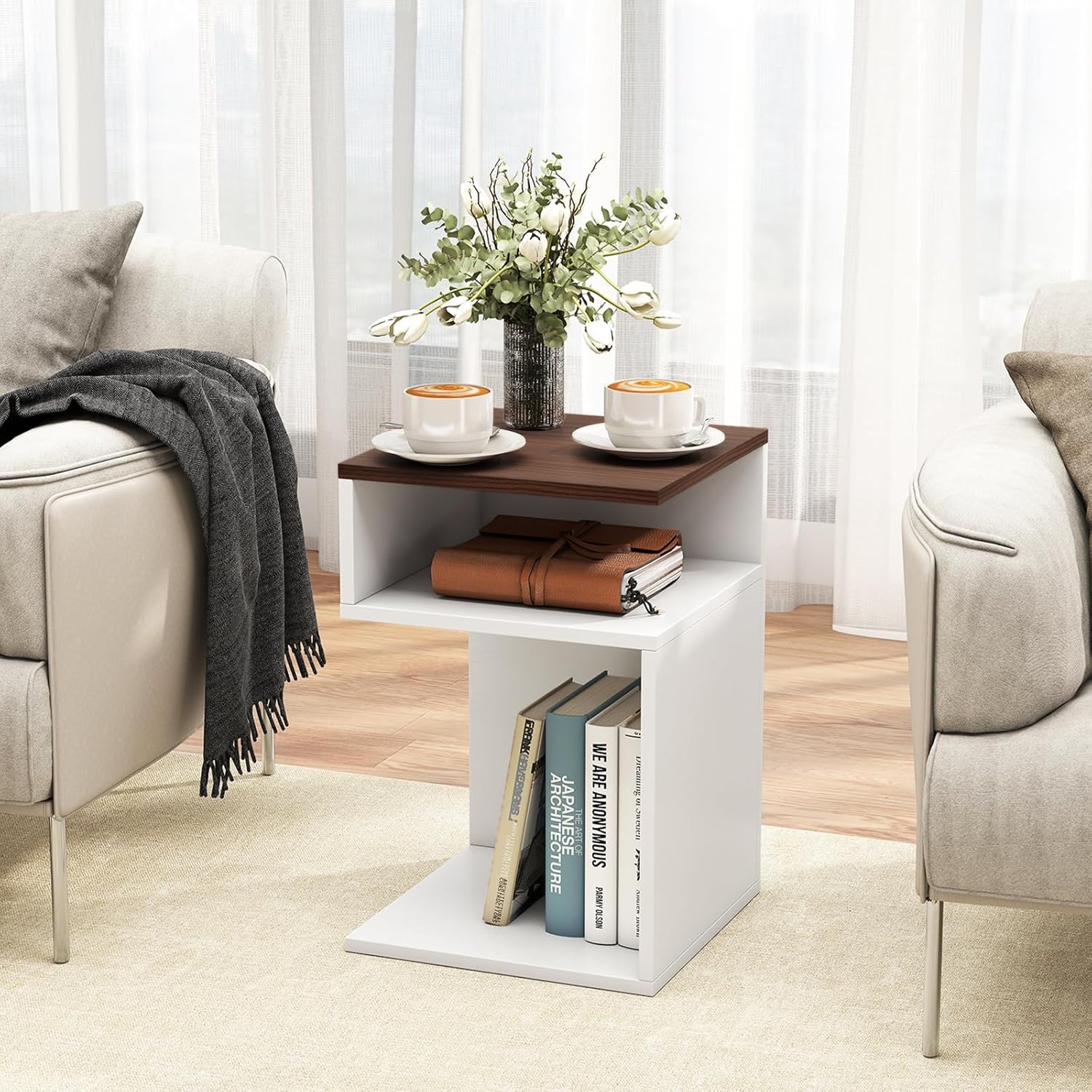 Table d'Appoint en Forme S, Bout de Canapé avec 2 Casiers Ouverts, 3 Étagères Design Géométrique Compacte, Blanc, pour Salon Chambre, Blanc+Noyer - 2