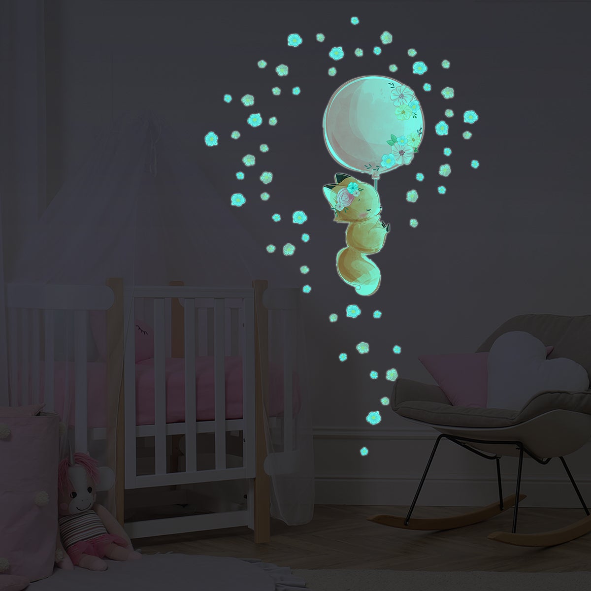 Adesivos fosforescente volpe e il suo pallone + 60 fiori - Sticker adesivo - adesivi murali - 120x150cm - 6