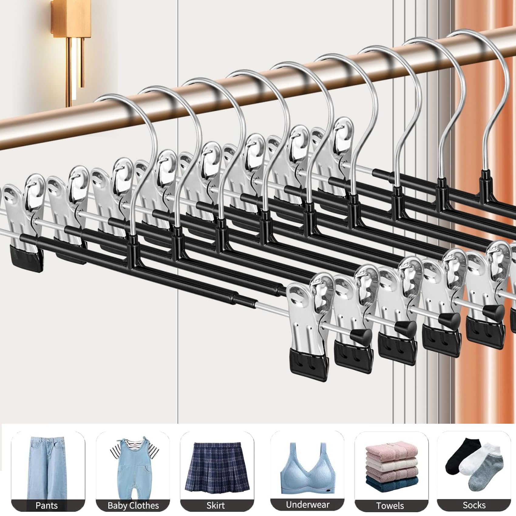 Pacote com 20 Cabides para Calças com Mecanismo Deslizante, Cabide Ajustável para Saia, Cabide Antiderrapante para Jeans, Cabide para Calças, Cinza - 2