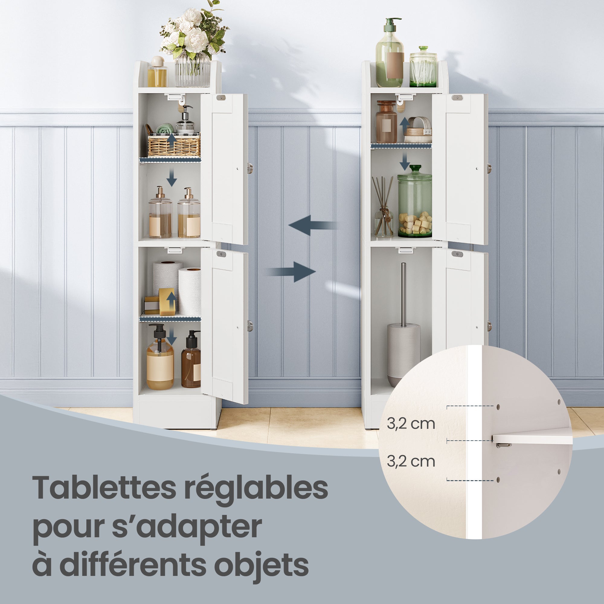 Meuble de salle de Bain Fin, Colonne de Rangement, avec Portes Réversibles, Style Maison de Campagne, Blanc - 6