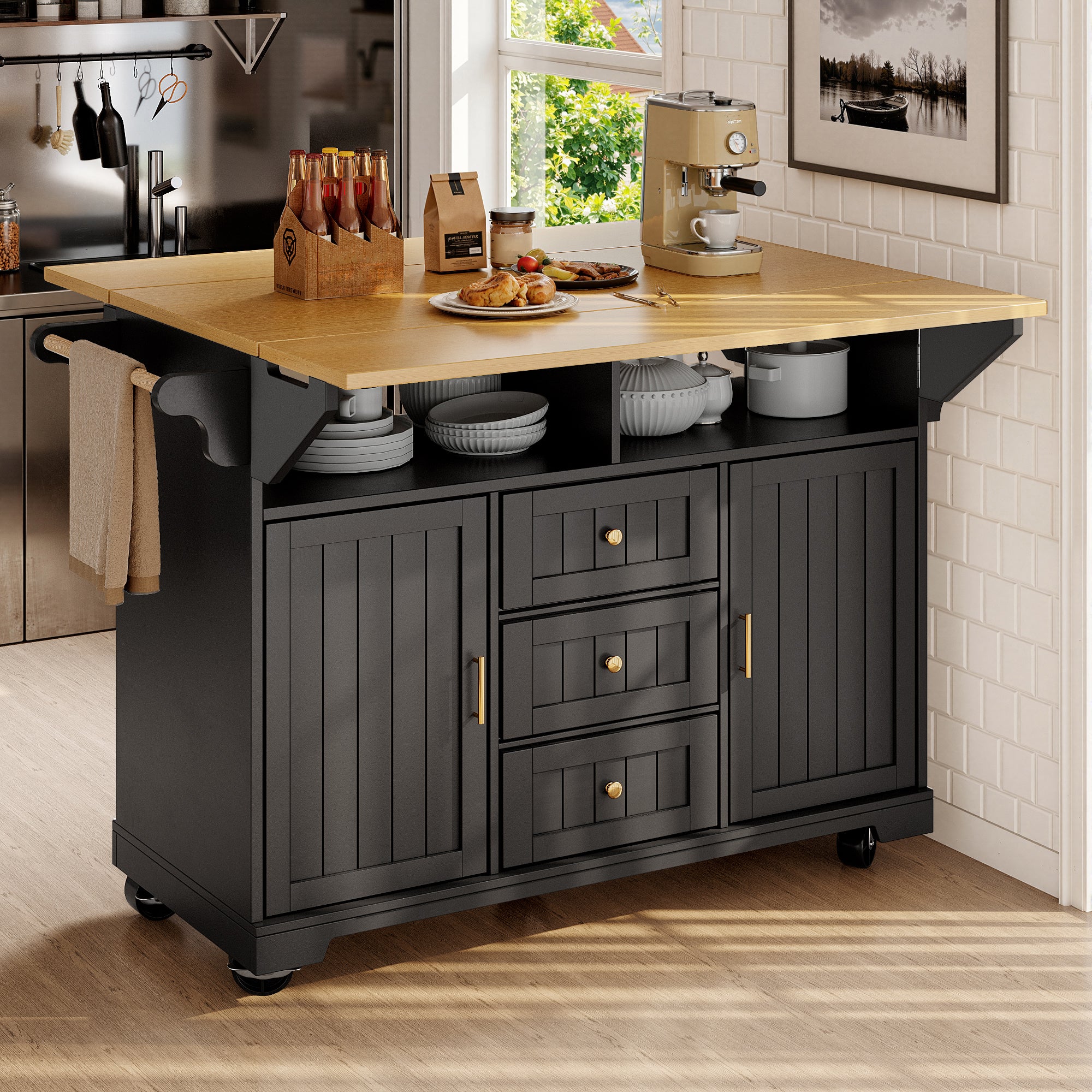 Mobilna wyspa kuchenna z 2 drzwiami i 3 szufladami - 120 x 40/80 x 95 cm - Wysuwany blat - MDF i metal - Czarny