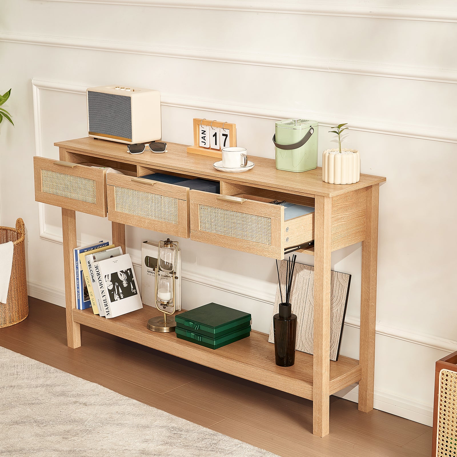Table Console VEVOR en Rotin Naturel avec 3 Tiroirs de Rangement, Porte Coulissante, 1305x300x815 mm, pour Salon et Entrée - 8