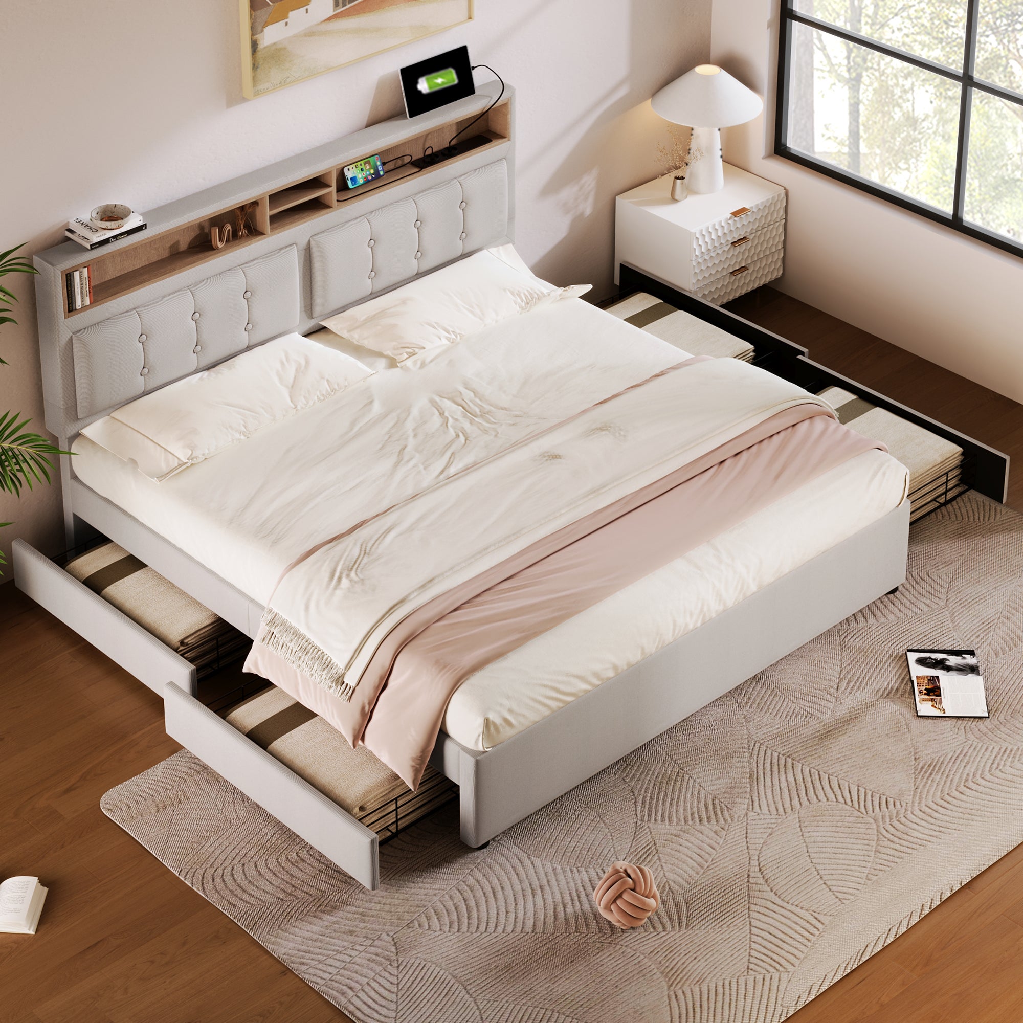 Lit Double Avec 4 Tiroirs Et Prise Usb C - 160 X 200 cm - Tête De Lit Réglable En Hauteur - Sommier À Lattes En Bois - Sans Matelas - 4