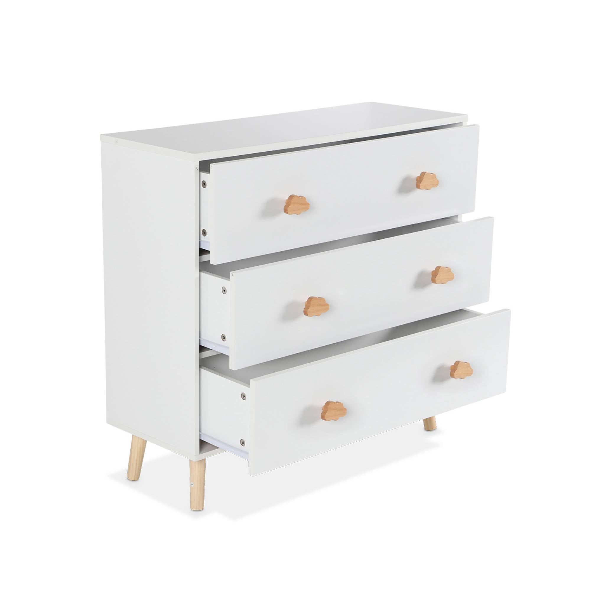 Commode enfant. décor bois. blanc. 3 tiroirs. pieds et poignées nuage en pin NEPHOS - 8