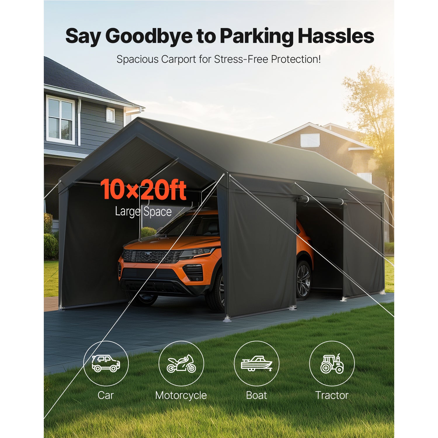 Tente Garage SucceBuy 3,05 x 6,09 m, Abri Exterieur avec Parois Laterales Amovibles et Portes, Resistant aux UV et a lEau, pour Vehicules et Bateaux - 2