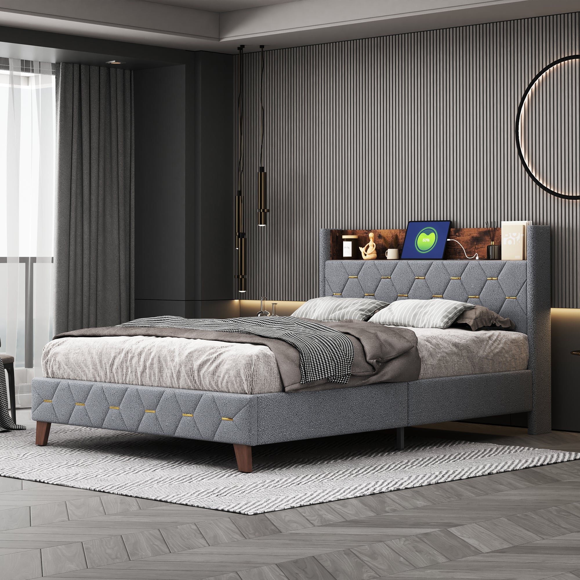 Letto Matrimoniale Imbottito 140x200 Cm In Velluto Grigio Con Testiera E Rete A Doghe - Struttura Robusta, Portata 300 Kg