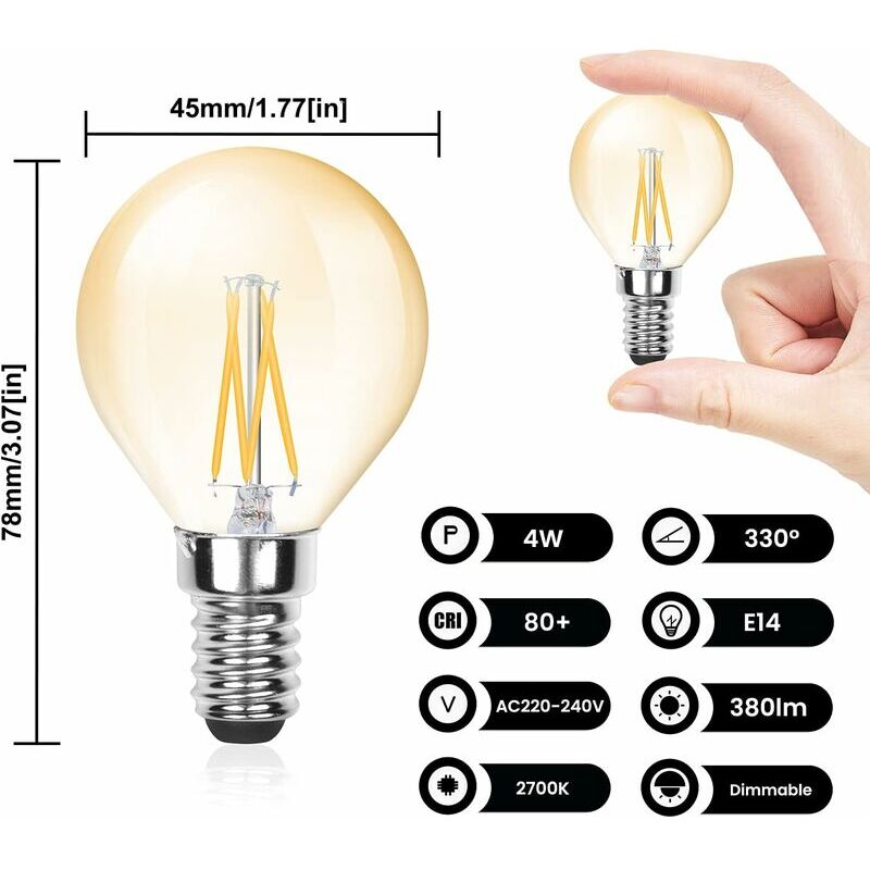 6 Pcs Ampoule LED E14 Filament G45, 4W (Equivalent 40W), E14 Candélabre Dimmable, Ambre Glow, Ampoule Vintage Lumière chaude (2700k), 220V 380lm - 3