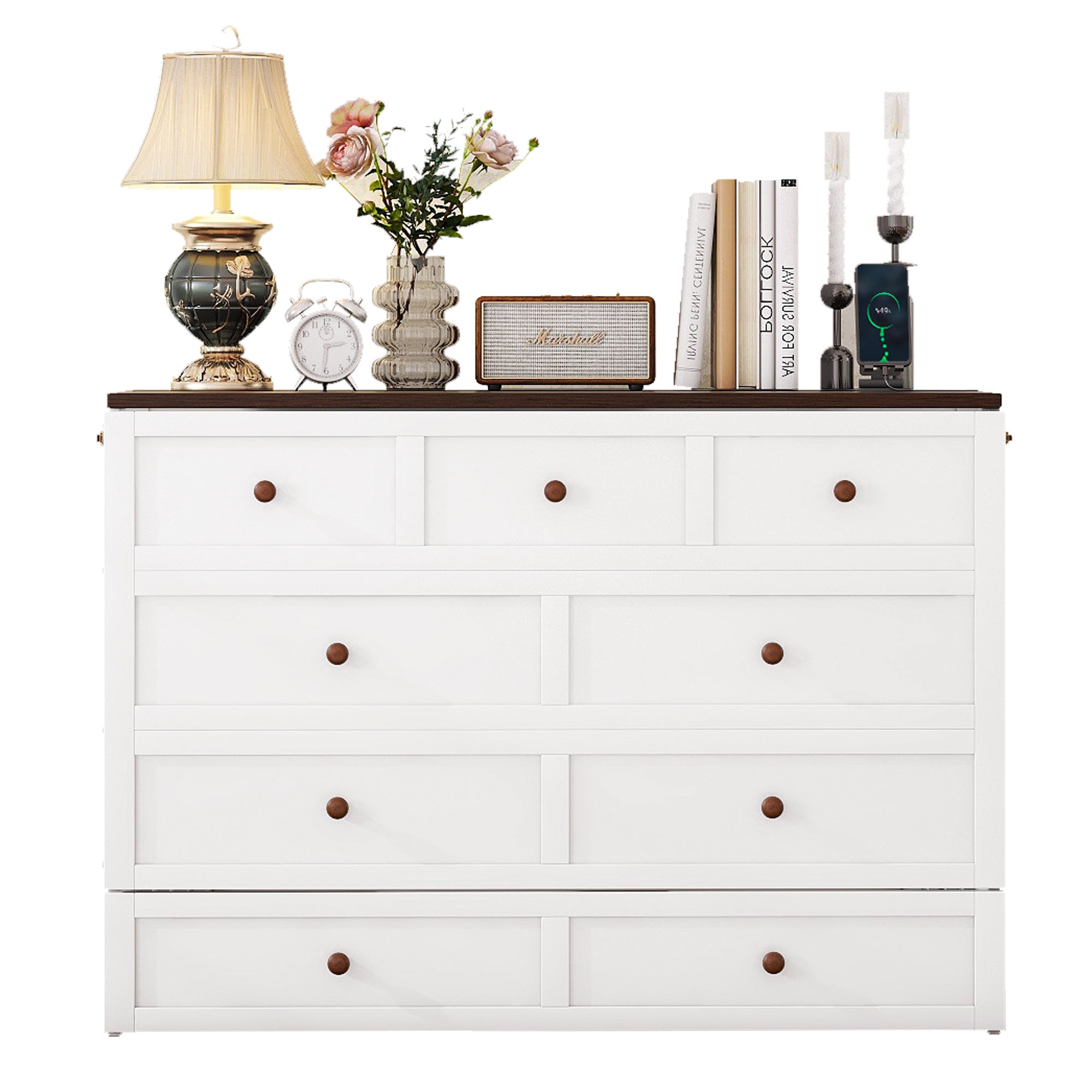 Lit escamotable 140 x 200 cm avec 2 tiroirs et étagère en tête de lit - Bois de pin et MDF - Prise USB - Blanc - 5