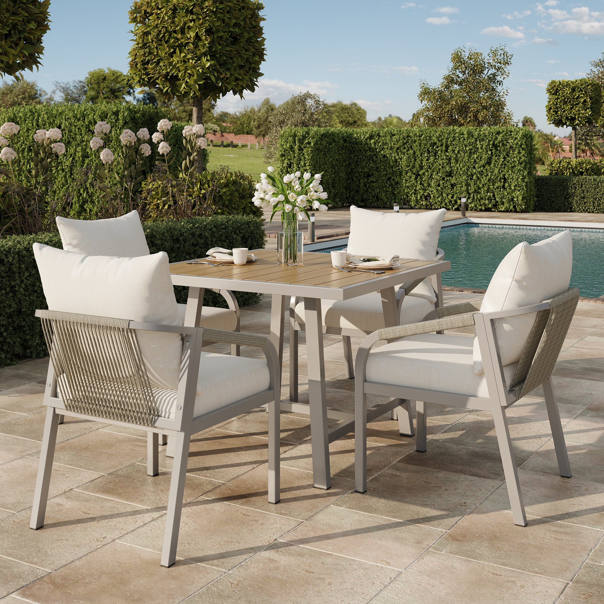 Salon de jardin 4 places avec dossier en corde tressée : Table à manger 80 x 80 x 76,5 cm + 4 chaises - Acier galvanisé et plateau en WPC - Kaki - 2