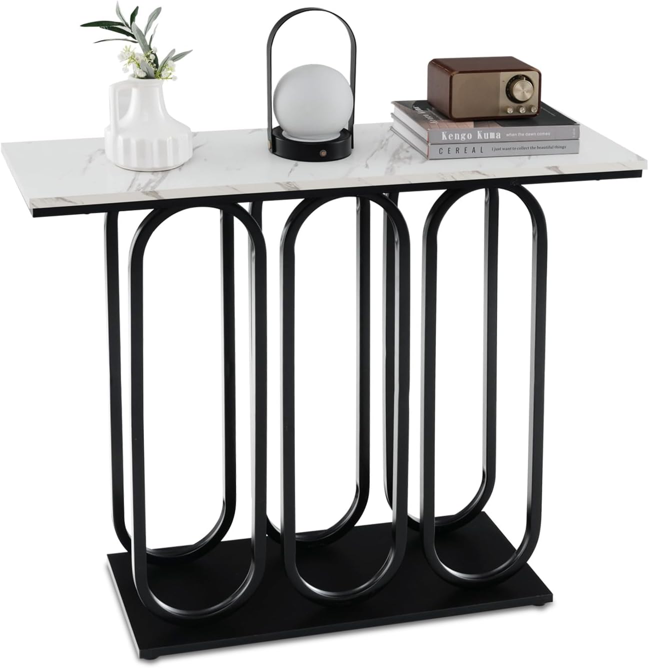 Stół Konsolowy, Nowoczesna Konsola Metalowa z Efektem Marmuru – 100 x 30 x 80 cm – Biały Marmur + Czarny
