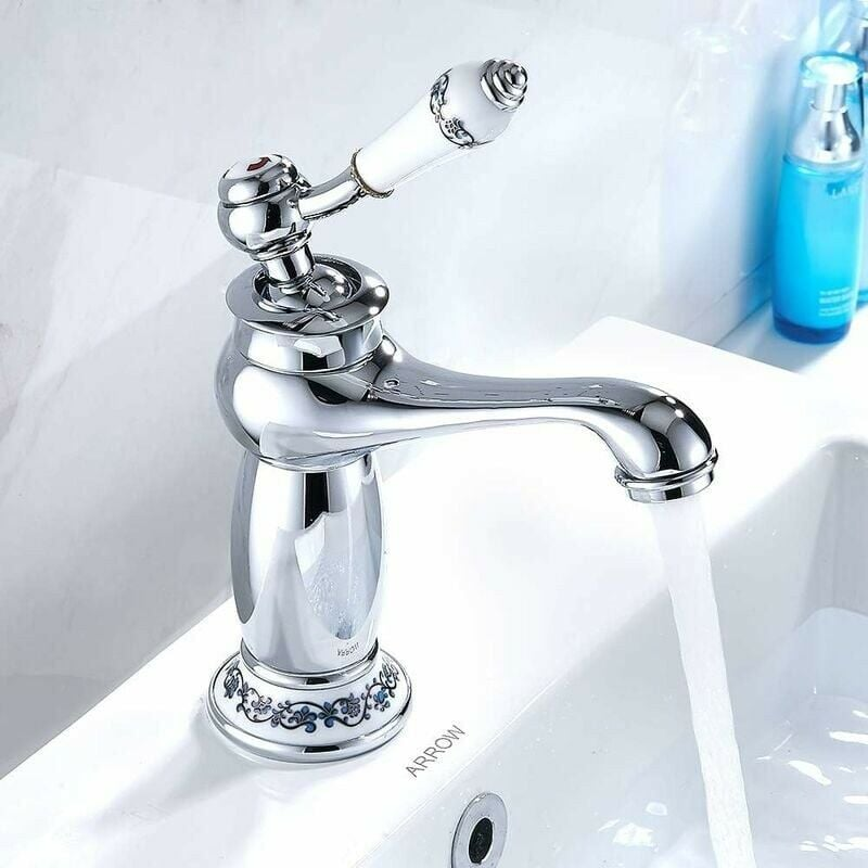 Robinet de lavabo en laiton céramique porcelaine noire et blanche col long rétro floral apporter de l'eau froide et chaude robinet d'eau (chromé) - 2