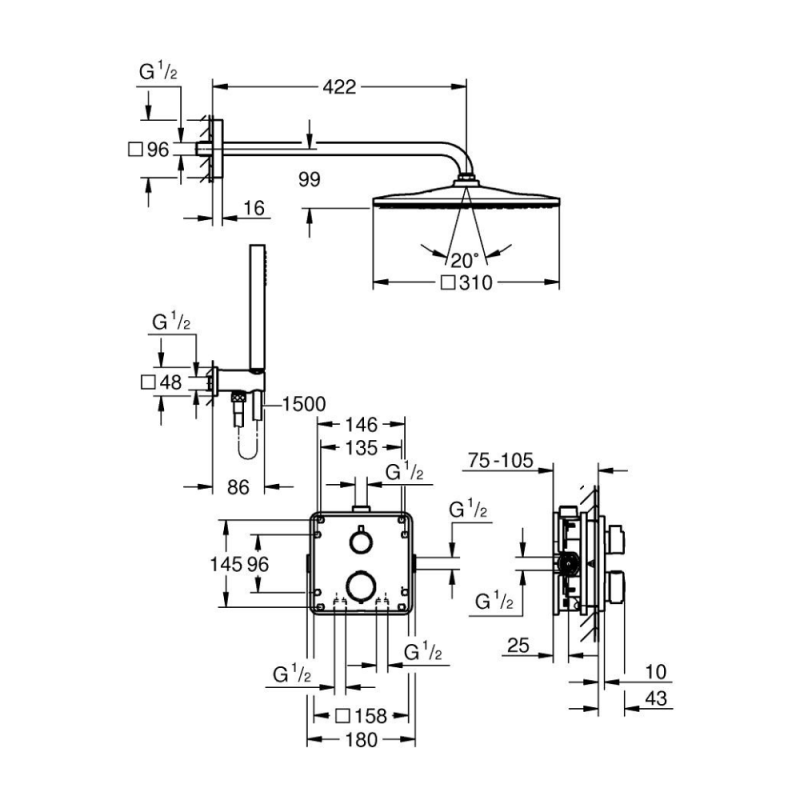 Precision Set de douche encastrée avec mitigeur thermostatique + Douche de tête + Douchette, chrome (G34881000) - 4