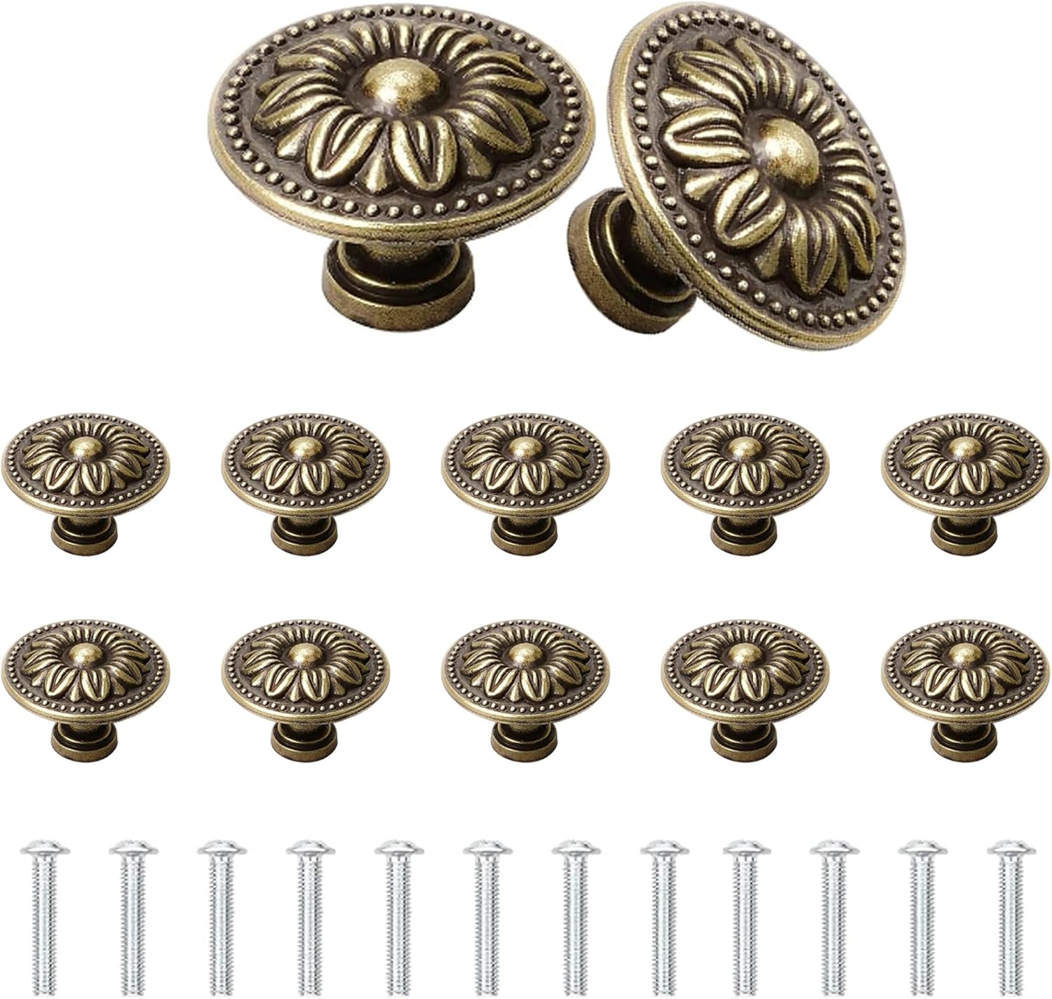 Zestaw 12 gałek meblowych, 30 mm, okrągłe gałki do szuflad w stylu vintage z kwiatowym wzorem i śrubami, gałka do drzwi w stylu vintage