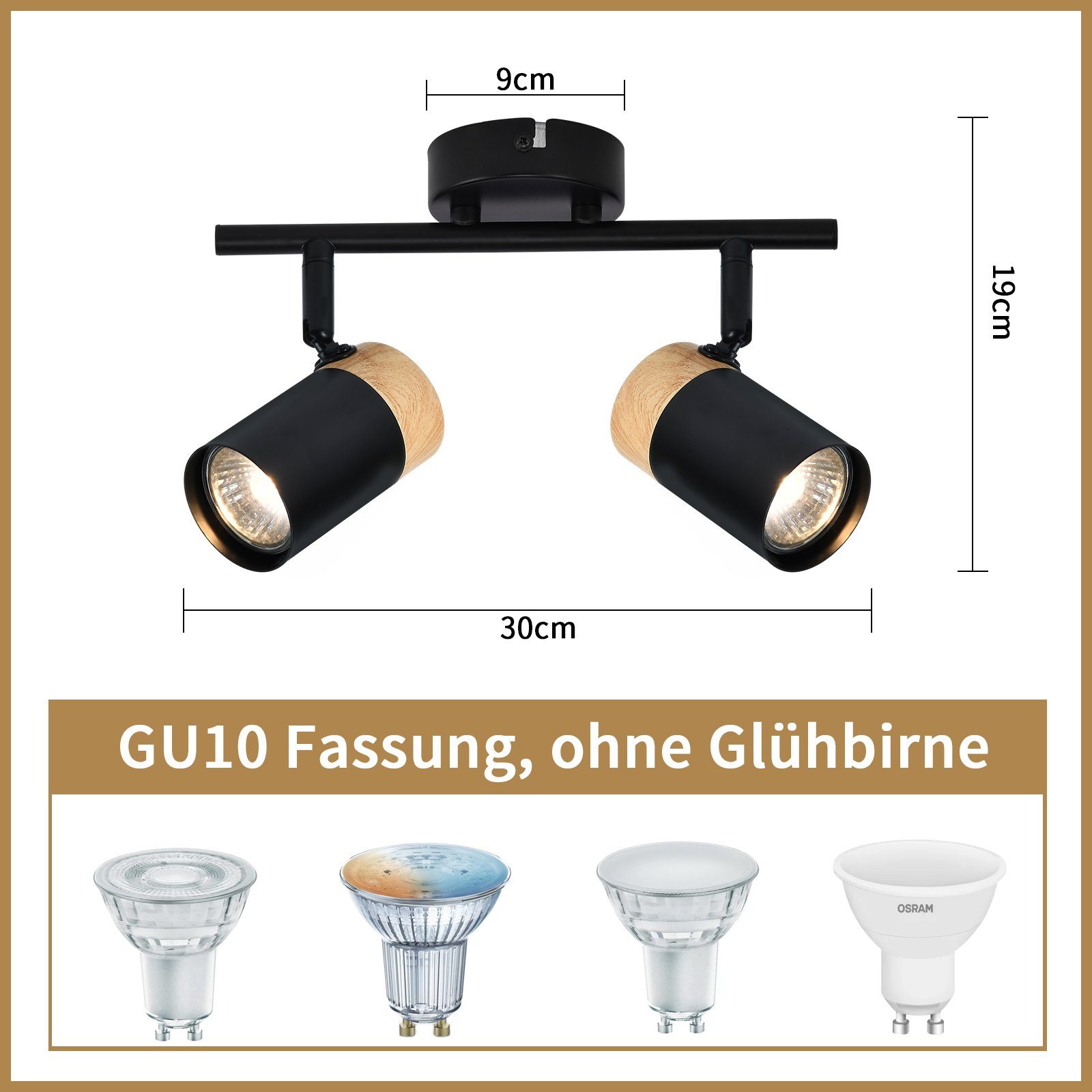 NETTLIFE Plafonnier 2 spots de bois noir GU10 LED orientable 330° pour couloir garage salon cuisine sans ampoule - 3