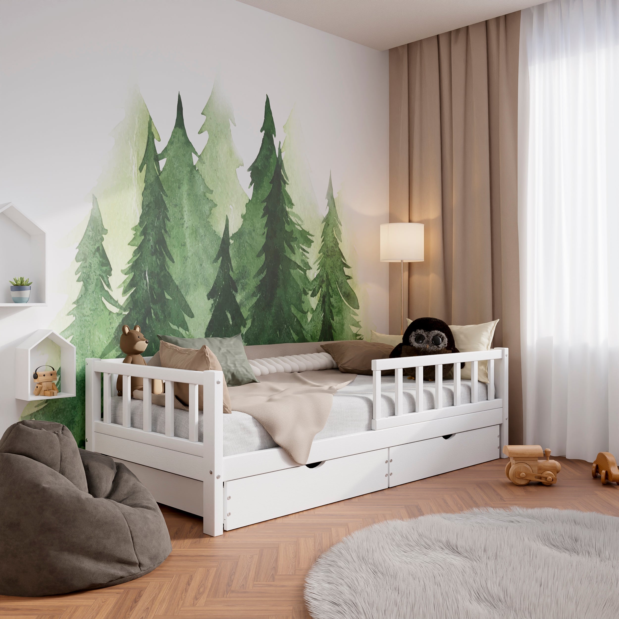 Letto A Baldacchino Singolo 90x200 Cm In Legno Di Pino Massiccio | Con Cassetto Contenitore E Rete A Doghe | Colore Bianco, Stile Classico | Portata 150 Kg