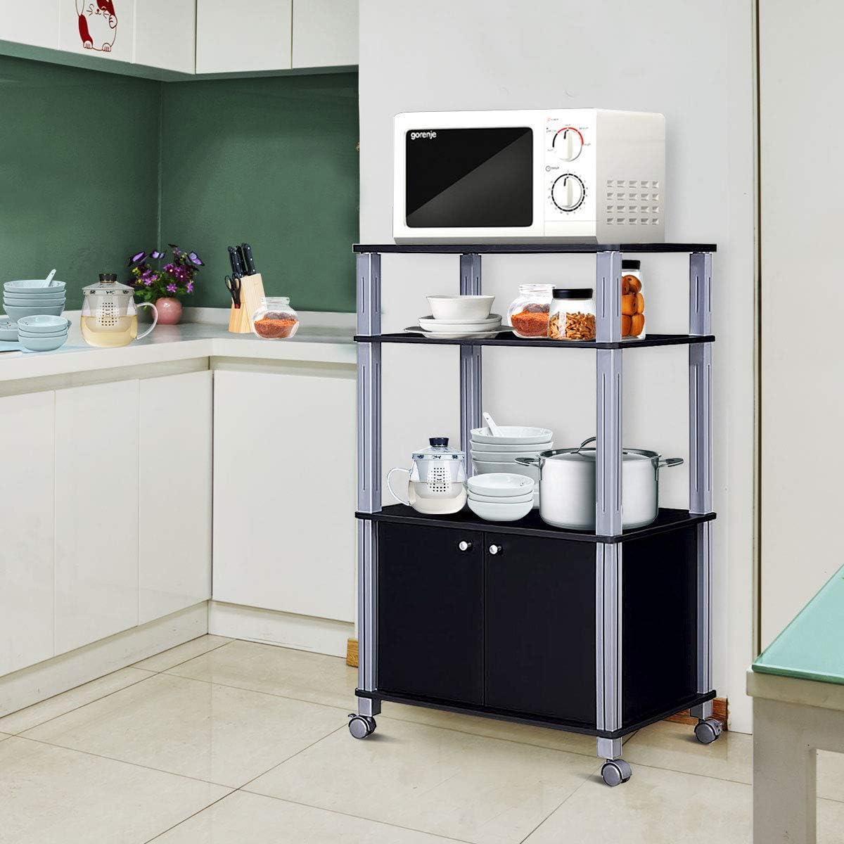 Etagere de Cuisine, Etagere de Micro-Ondes et Four en MDF Robuste, Meuble Rangement a roulettes avec Tiroir et 2 Etageres Ouvertes (Noir) - 9