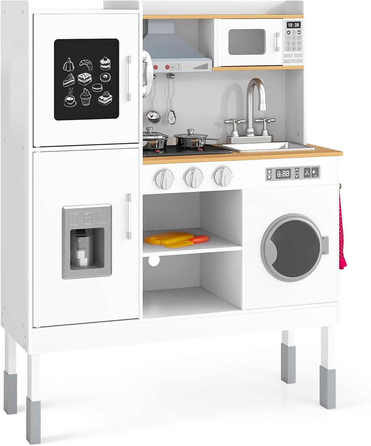 Kuchnia Zabawkowa dla Dzieci 3+ z Regulowaną Wysokością, 16 Akcesoriami, Okapem, Kostkarką do Lodu, Telefonem, Wymiary 83x29x103 cm, Naturalny