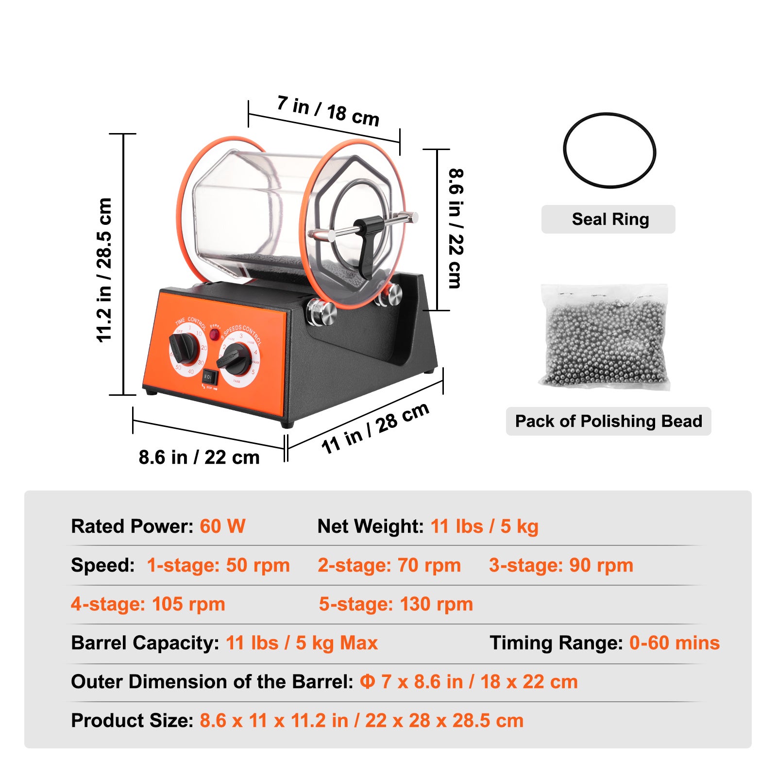Polisseur de Bijoux VEVOR 5 kg Réglable Polisseuse à Tambour Rotative Action Bidirectionnel 60 W 5 Vitesses pour Polir Pierre Roche Fer Bijouterie - 7