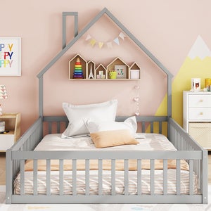 Lit Enfant 140 X 200, Cadre De Lit Parquet Avec Barrière Et Porte, Gris