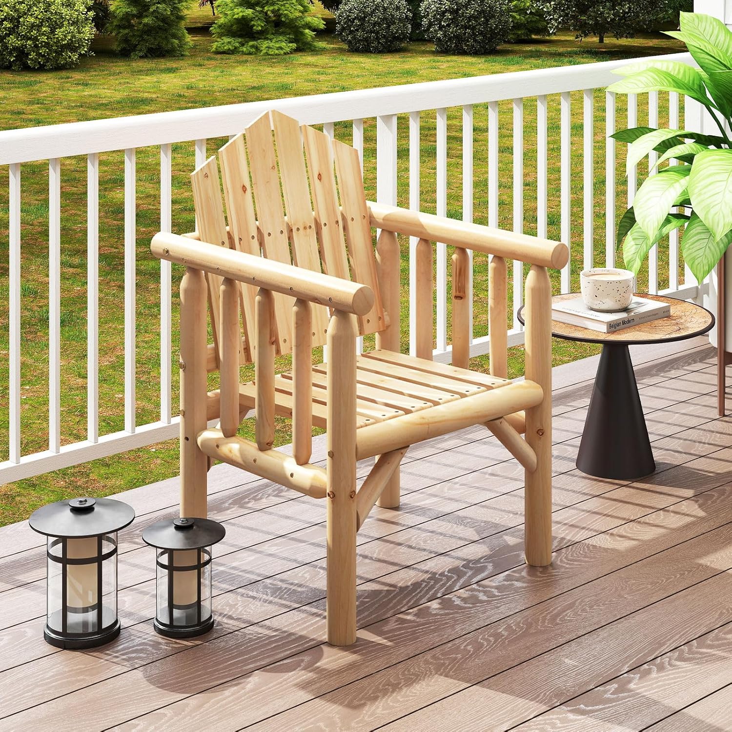 Fotel Adirondack z Drewna, Krzesło Ogrodowe Adirondack z Podłokietnikami i Wysokim, Pochylonym Oparciem, Nośność 150 kg, 66 x 62,5 x 98 cm (Naturalny)