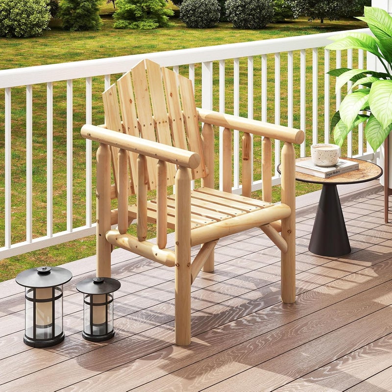 Fotel Adirondack z Drewna, Krzesło Ogrodowe Adirondack z Podłokietnikami i Wysokim, Pochylonym Oparciem, Nośność 150 kg, 66 x 62,5 x 98 cm (Naturalny)
