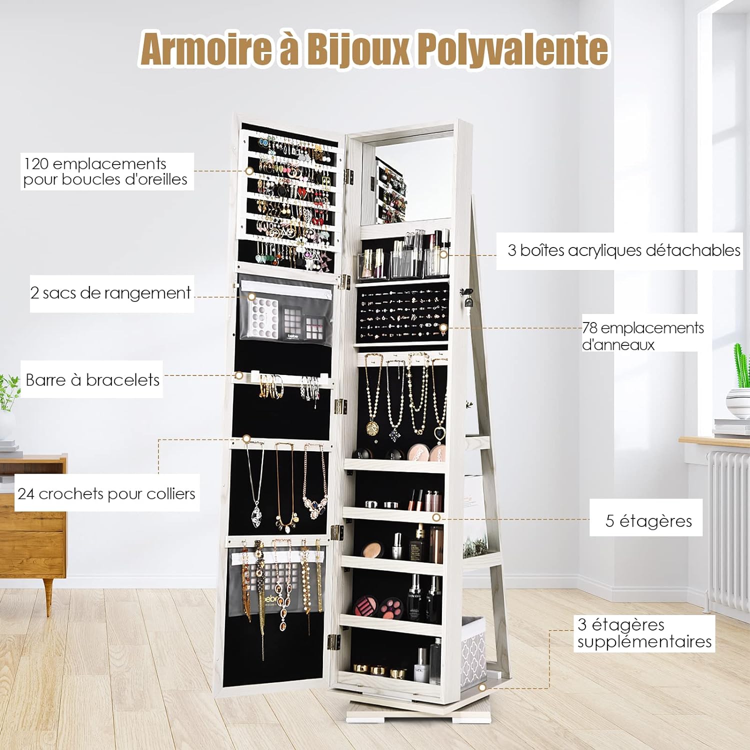 Armadietto Portagioie Girevole, 3 in 1 Portagioielli da Terra, con 3 Ripiani e Specchio a Figura Intera, 3 Scatolette di Stocaggio, 39 x 39 x 161cm - 4